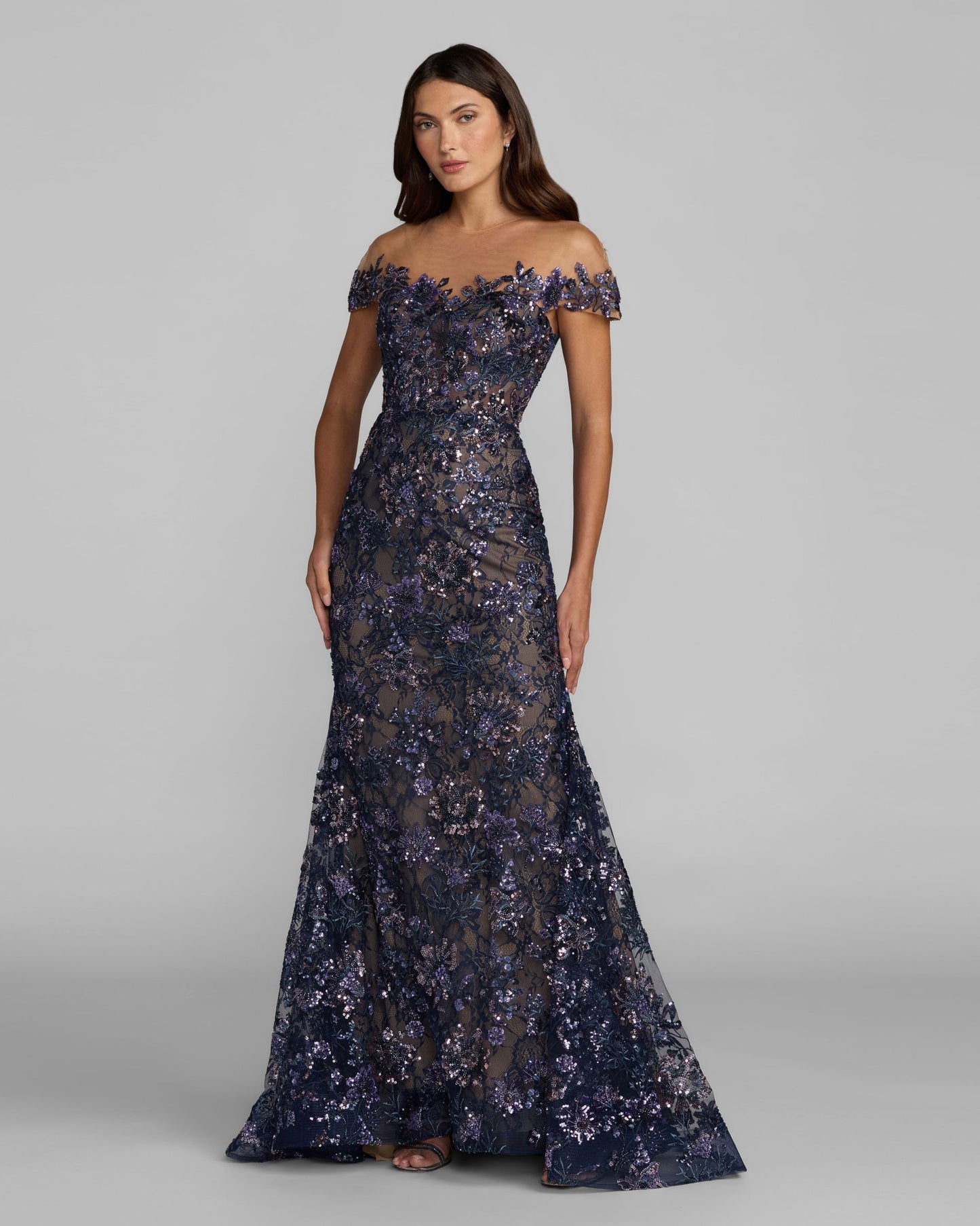 Navy Embellished Lace Trumpet Gown Mac Duggal