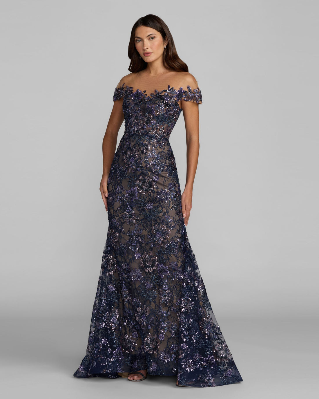 Navy Embellished Lace Trumpet Gown Mac Duggal
