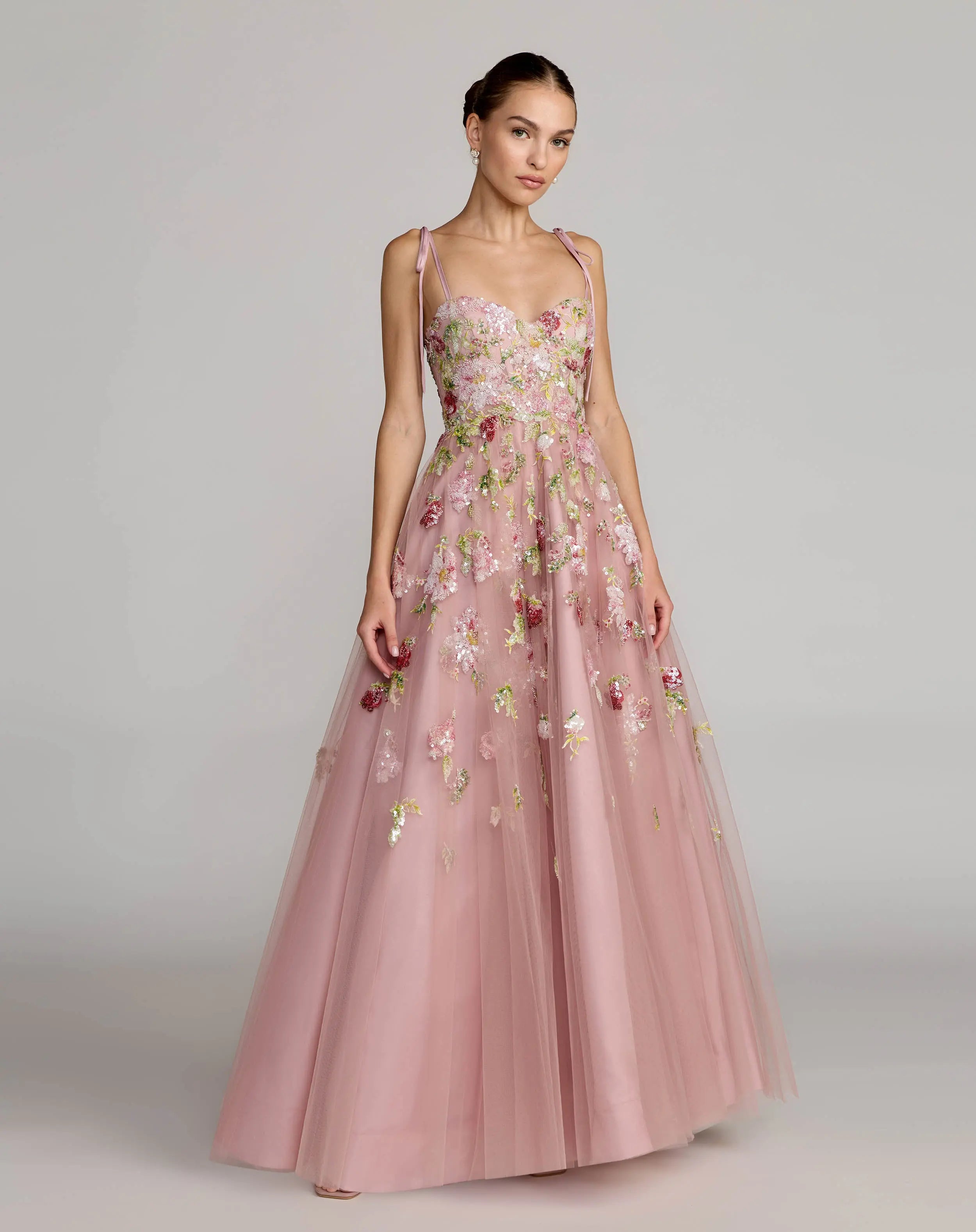 Mocha Floral Embellished Tulle Ball Gown