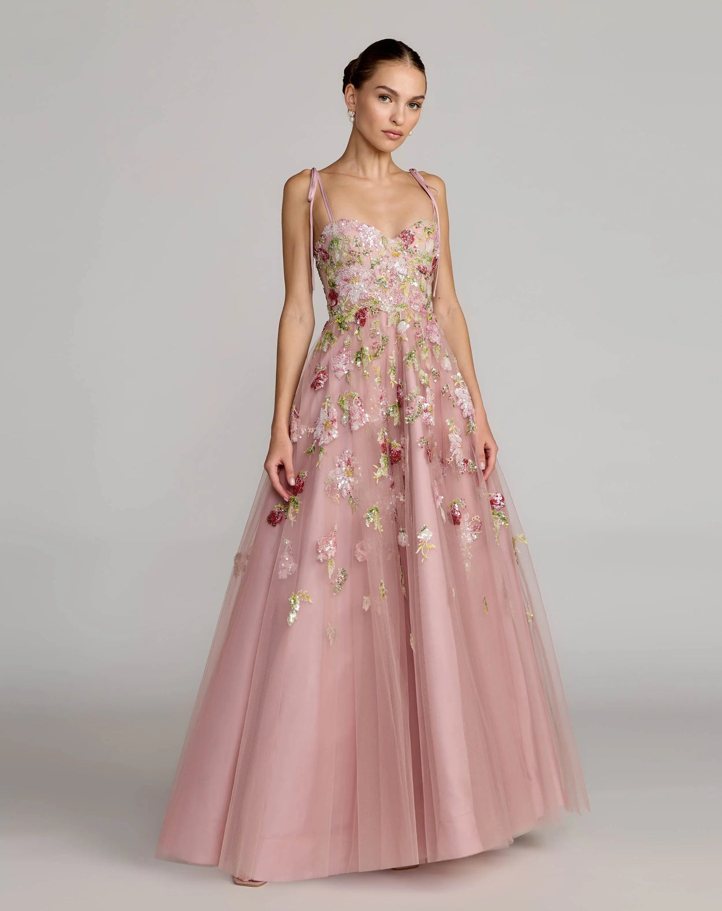 Pink Floral Embellished Tulle Ball Gown Mac Duggal