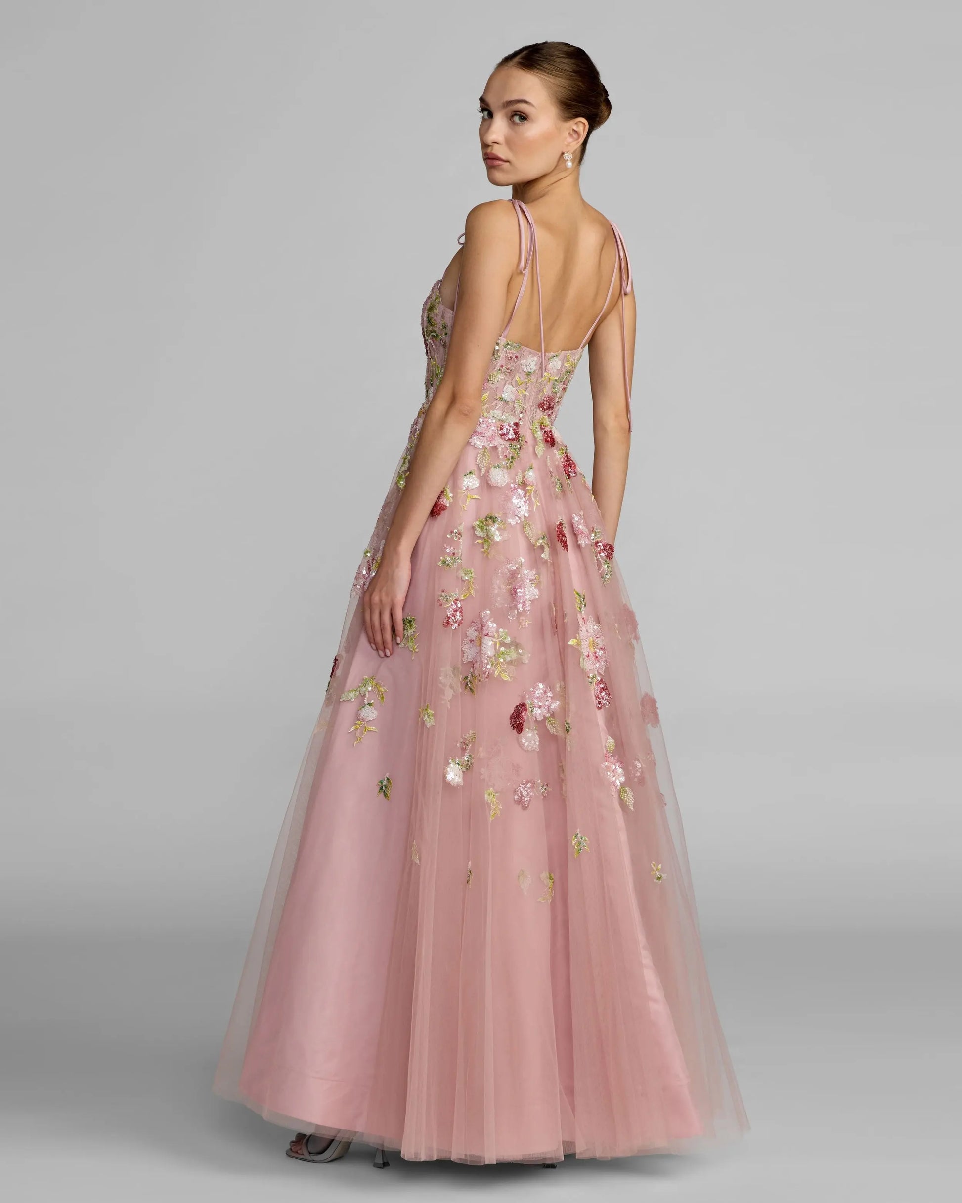 sequin floral tulle cocktail dress mac duggal Nude Multi Embellished Illusion Tulle Gown