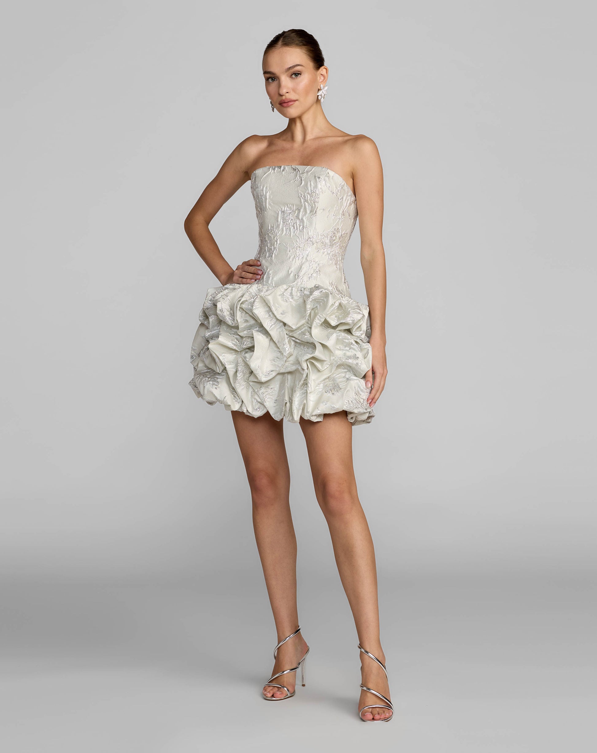 Ivory Strapless Brocade Bubble Hem Mini Dress Mac Duggal