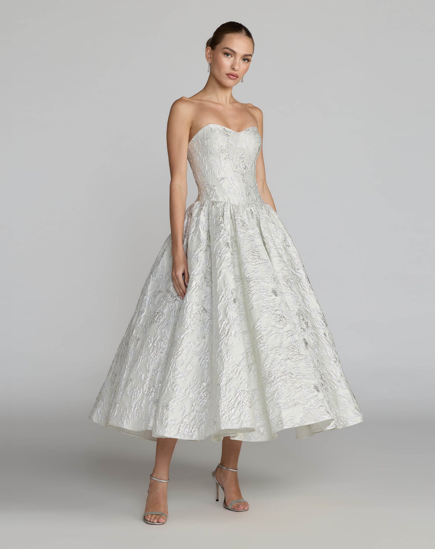 Ivory Strapless Brocade Tea Length Dress Mac Duggal