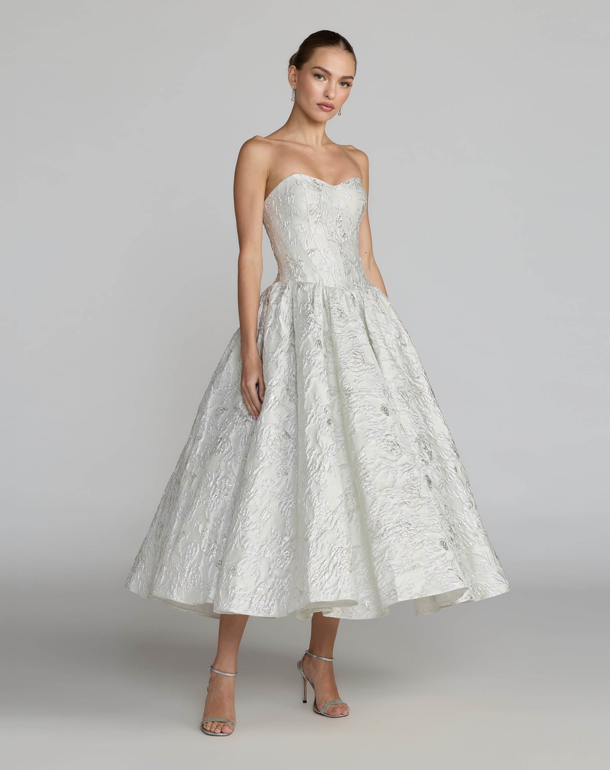 Ivory Strapless Brocade Tea Length Dress Mac Duggal