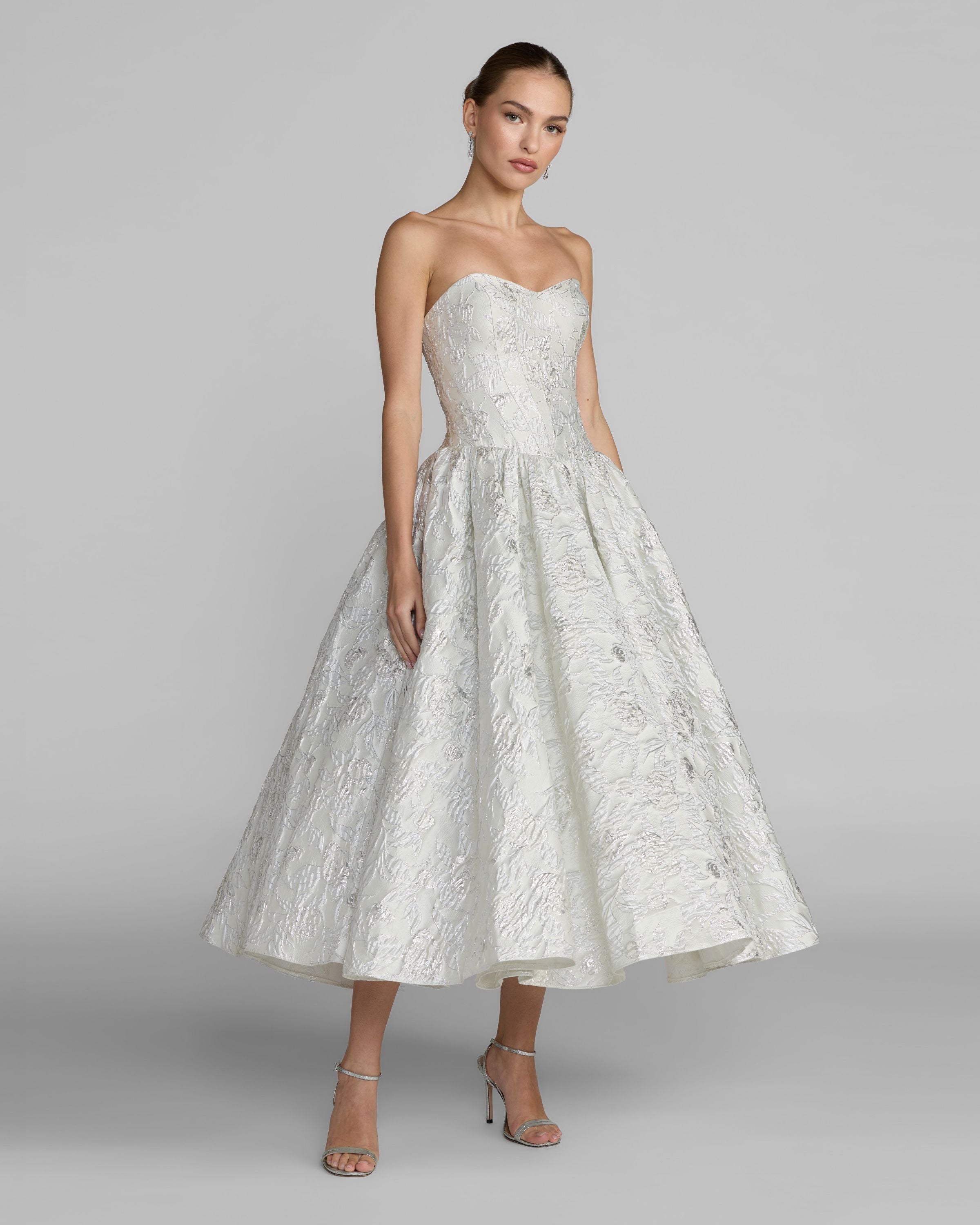 Ivory Strapless Brocade Tea Length Dress Mac Duggal