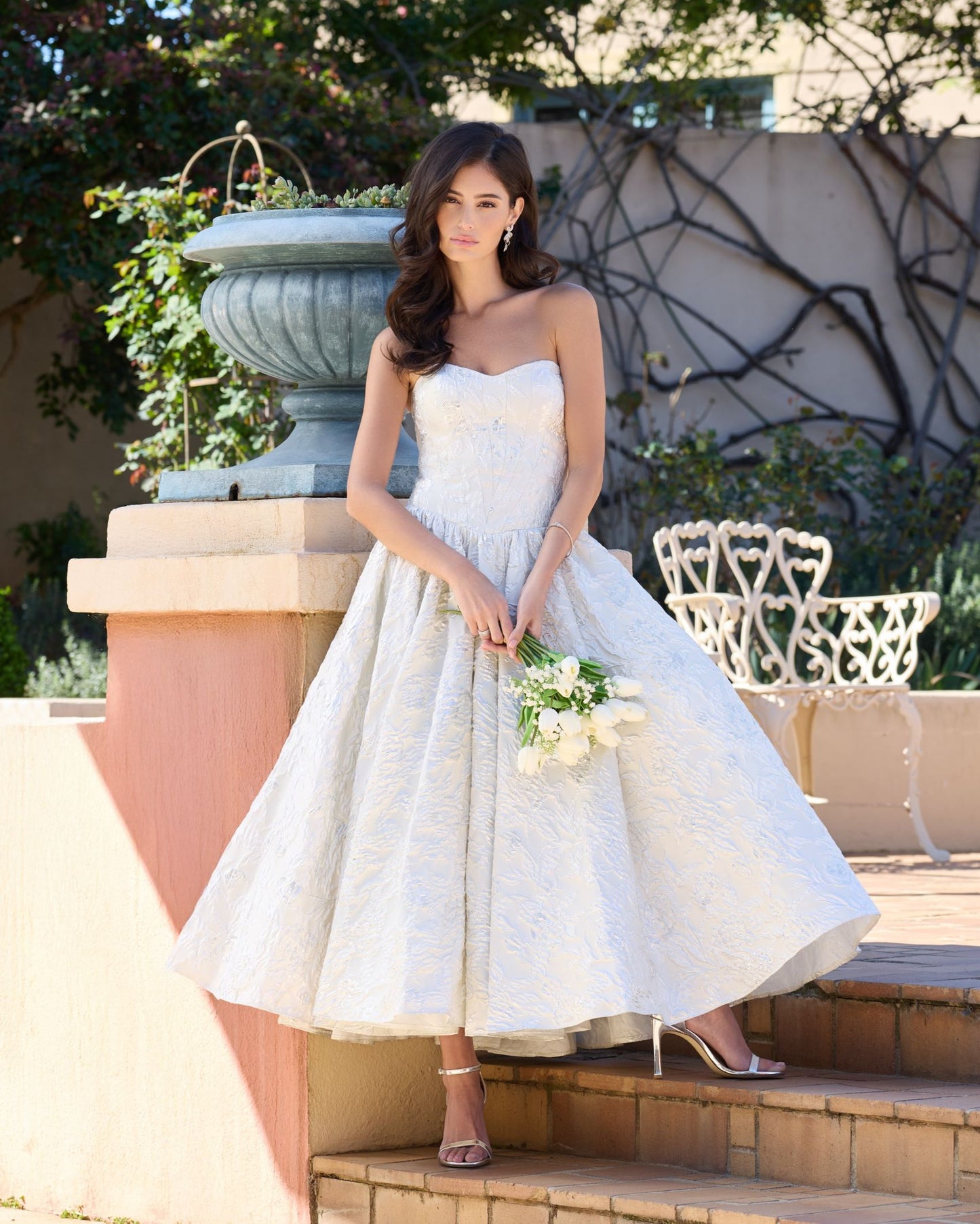 Ivory Strapless Brocade Tea Length Dress Mac Duggal
