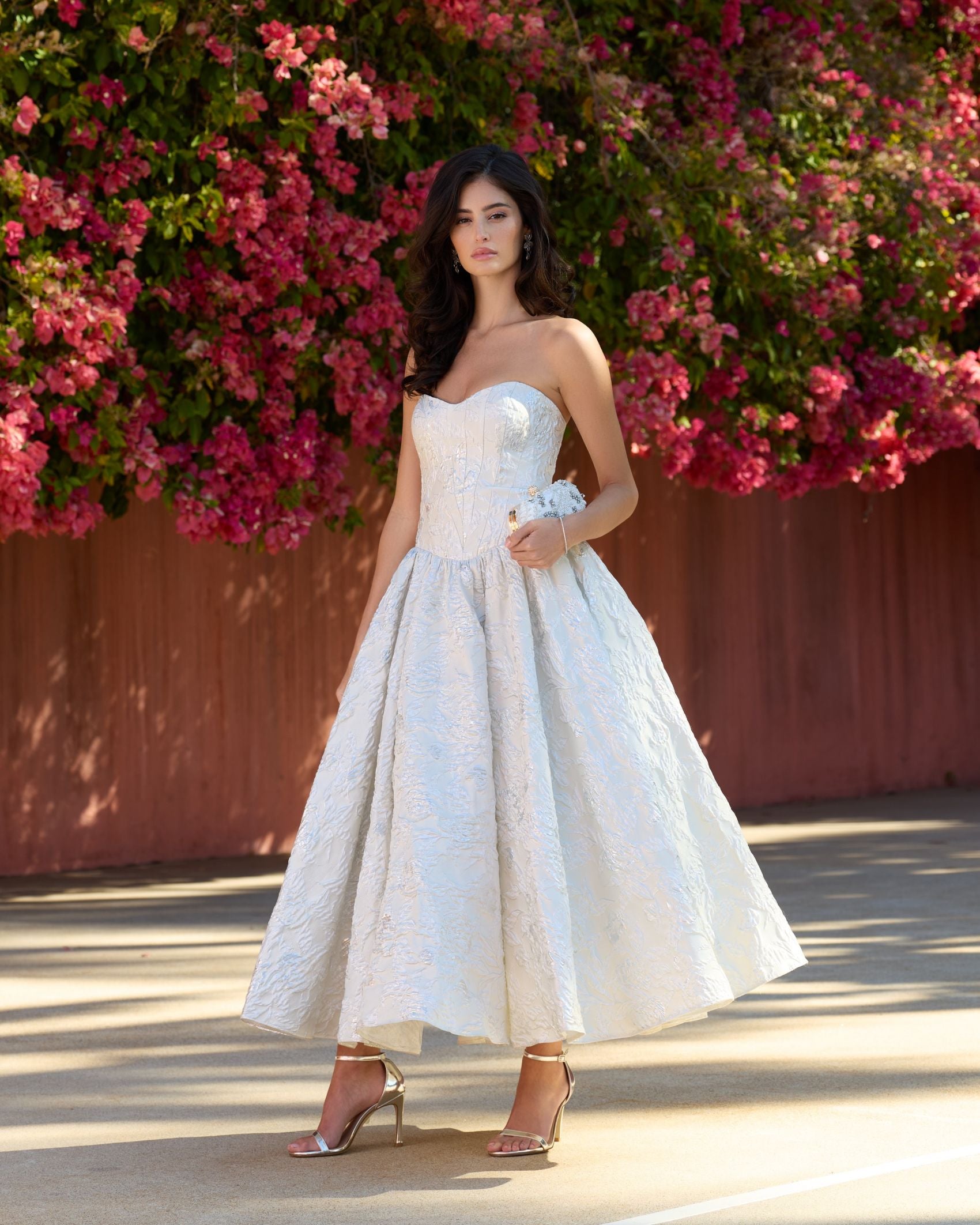 Ivory Strapless Brocade Tea Length Dress Mac Duggal