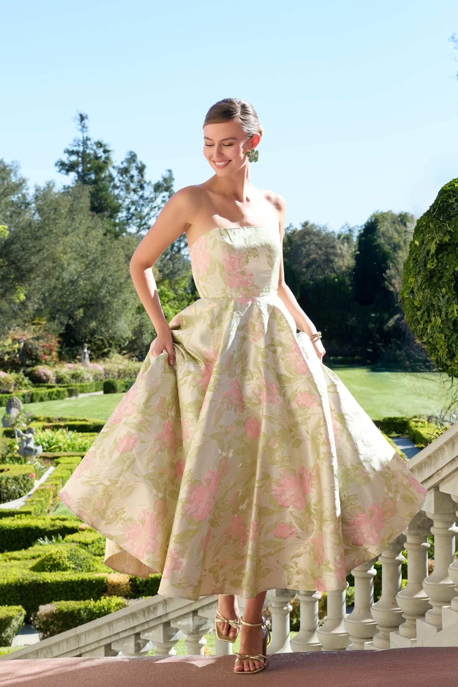 Green Floral Strapless A-Line Midi Dress Mac Duggal