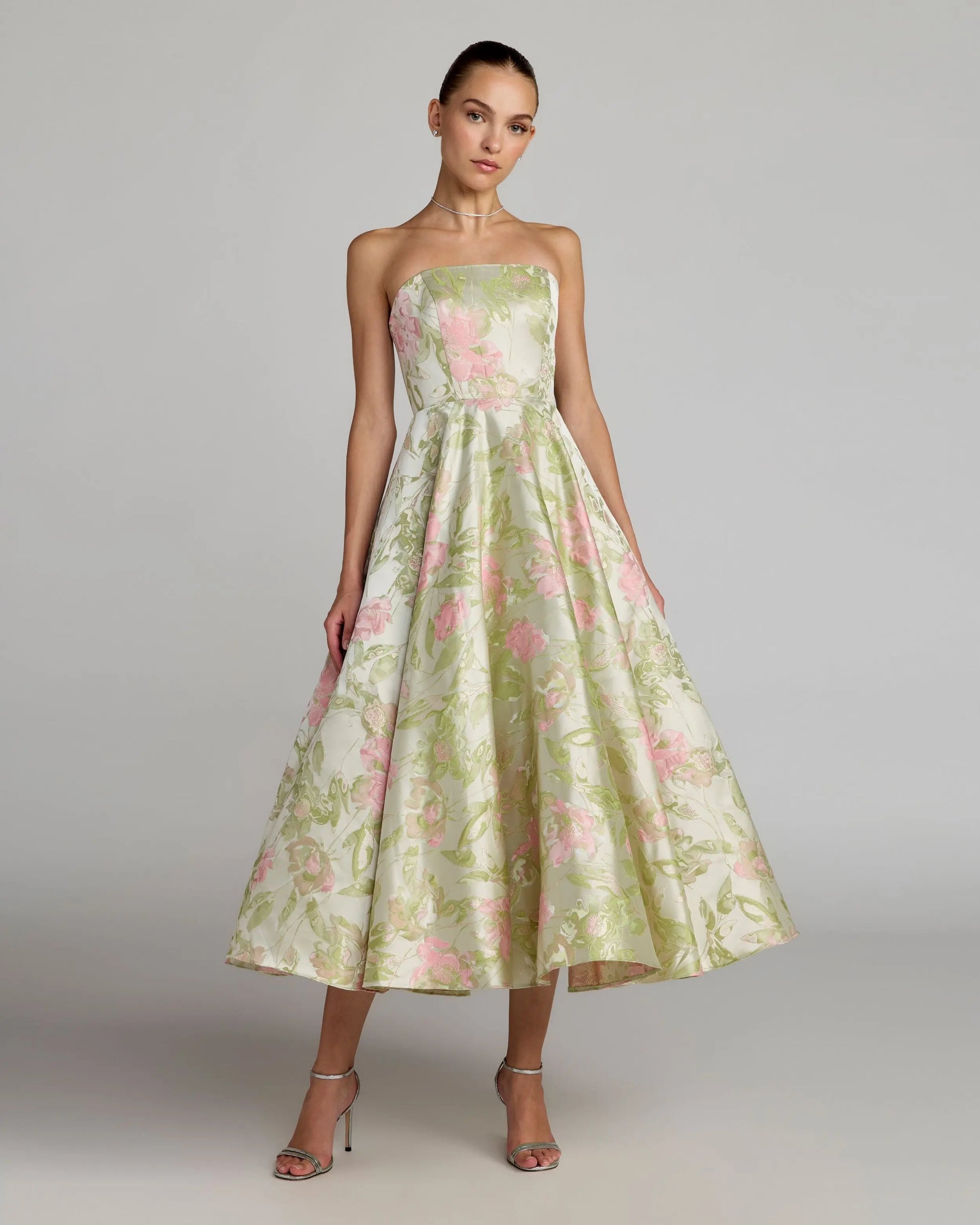 Green Floral Strapless A-Line Midi Dress | Mac Duggal Green Floral Strapless A-Line Midi Dress | Mac Duggal