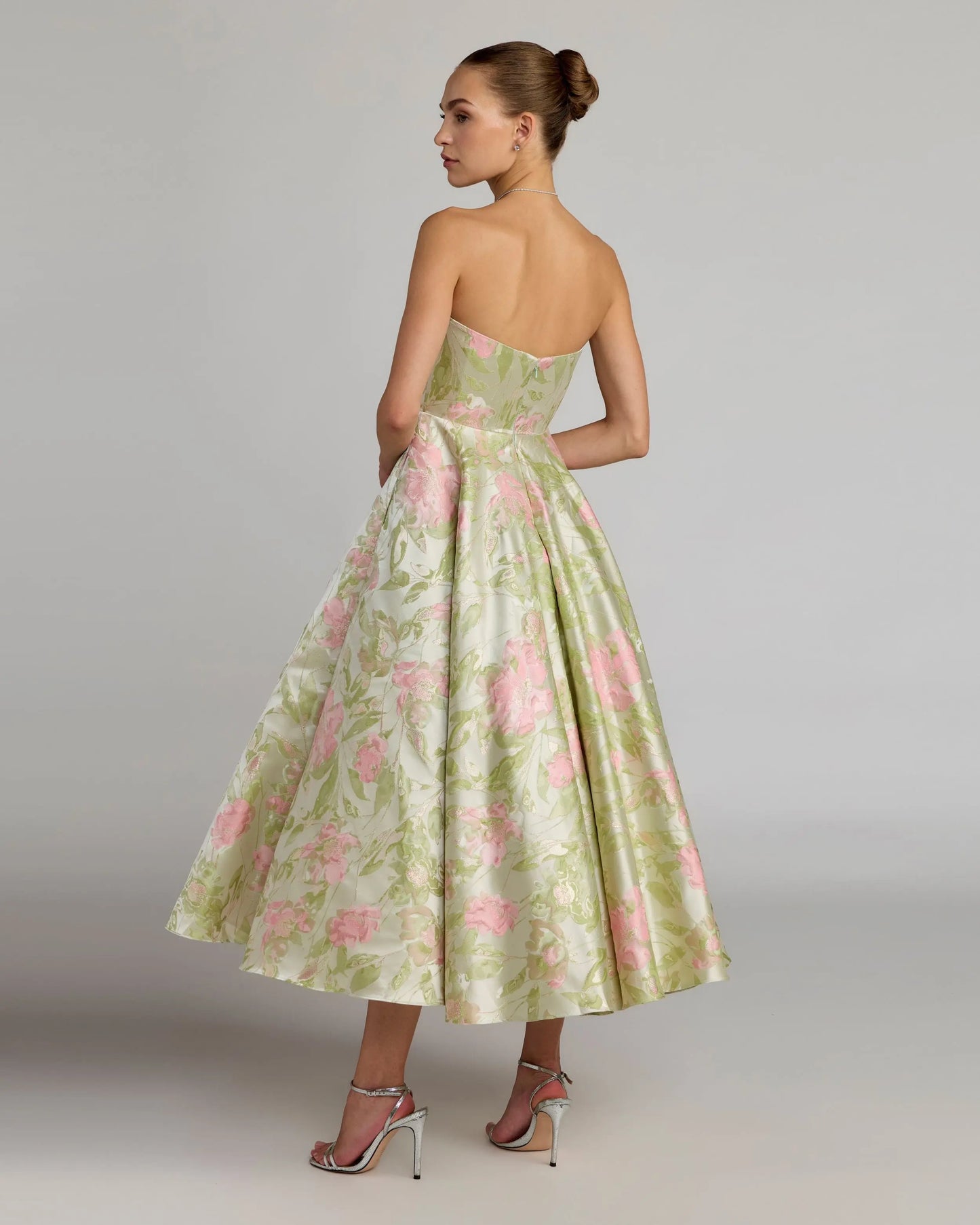 Green Floral Strapless A-Line Midi Dress Mac Duggal