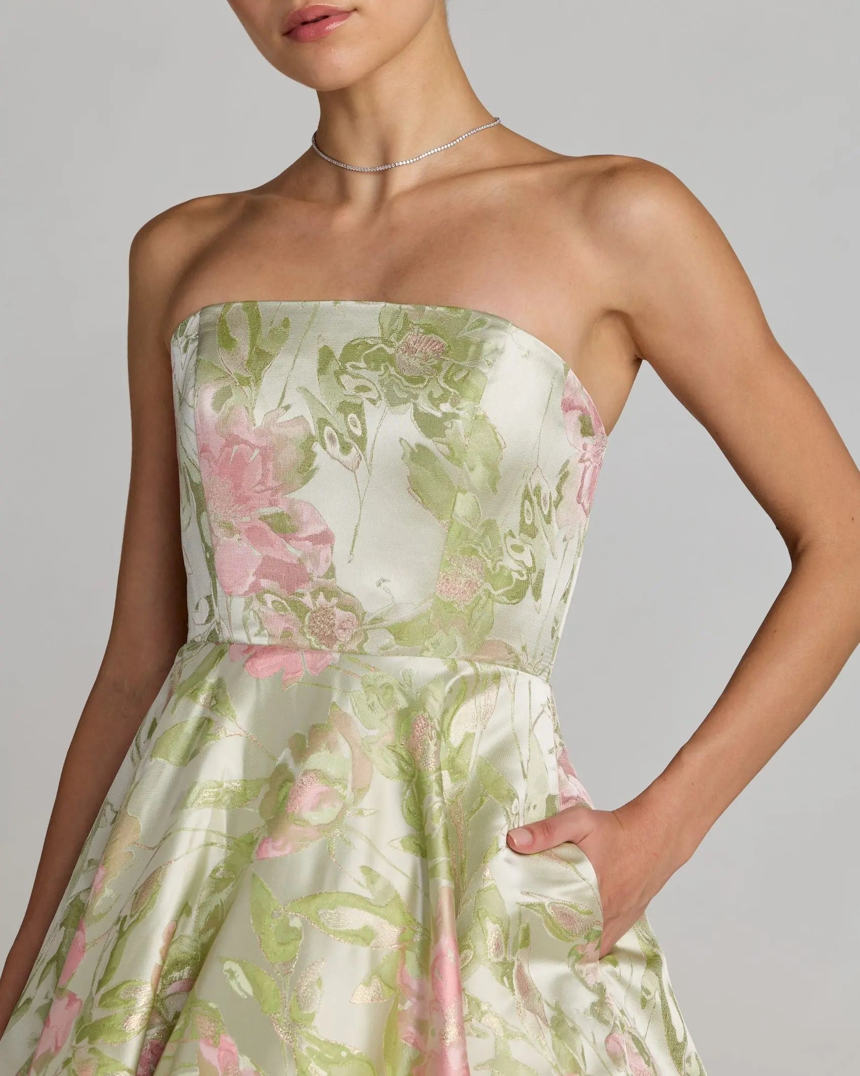 Green Floral Strapless A-Line Midi Dress Mac Duggal