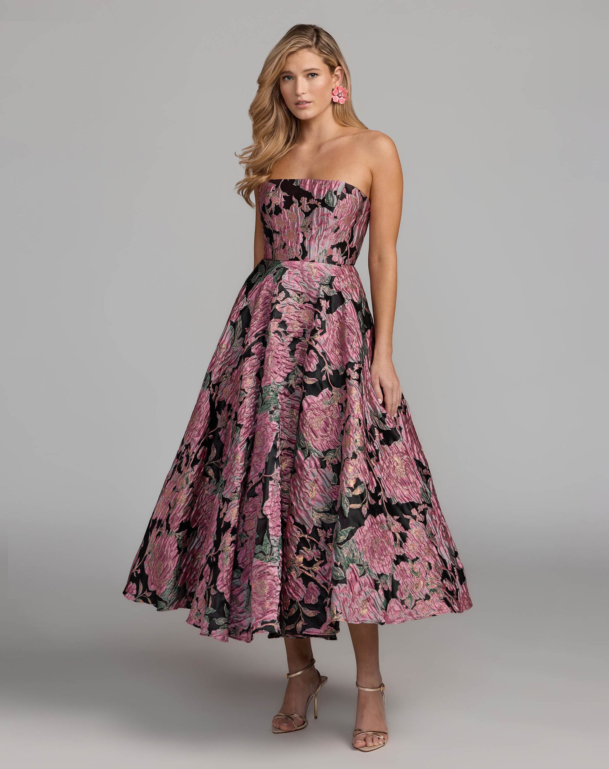 Pink And Black Strapless Brocade Midi Dress With Pockets Mac Duggal