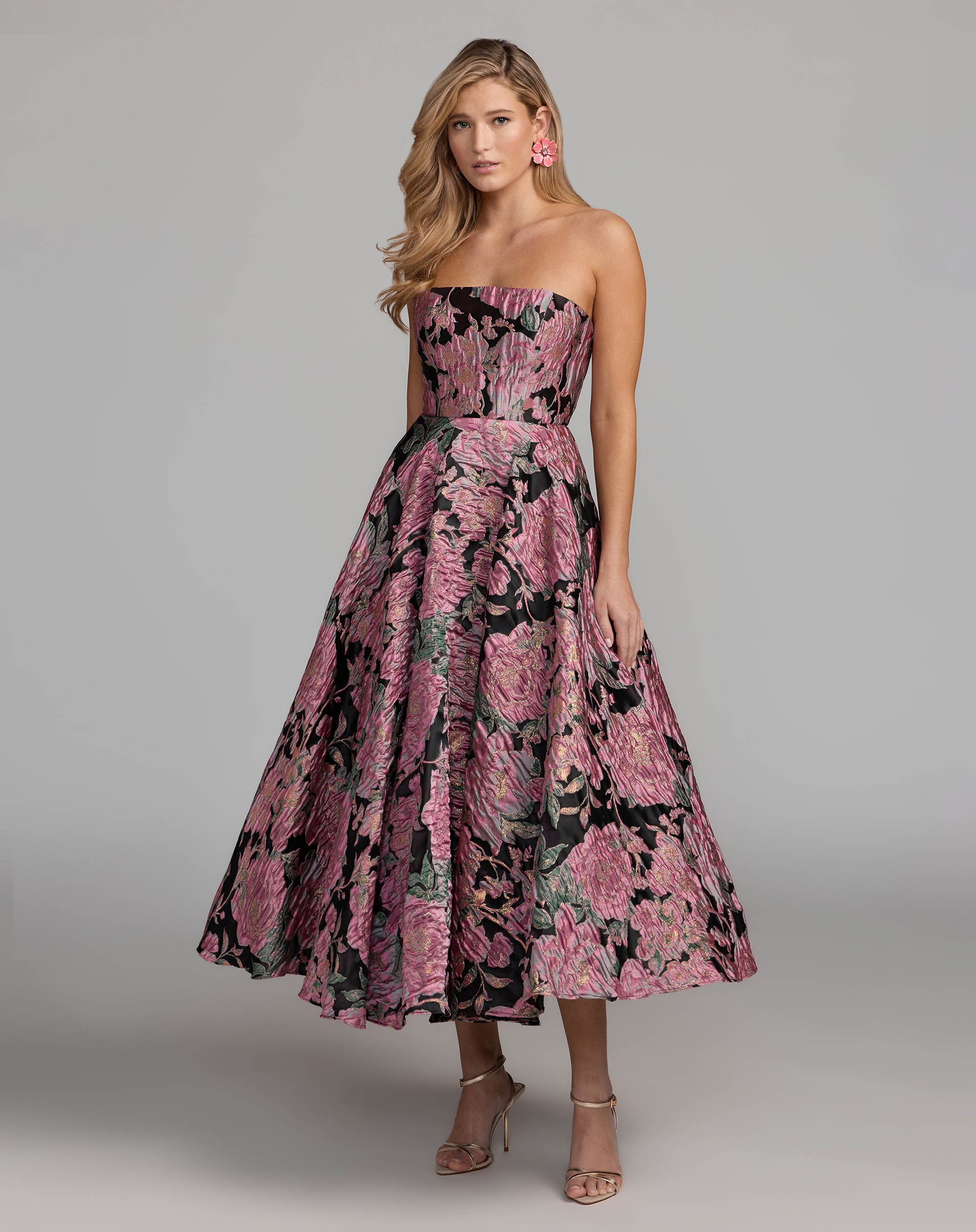 Pink And Black Strapless Brocade Midi Dress With Pockets Mac Duggal