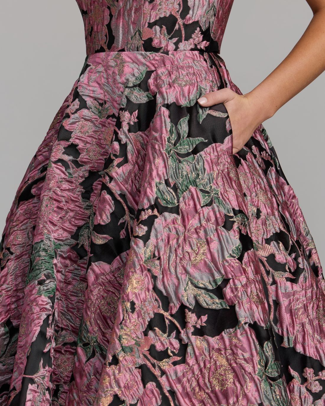 Pink And Black Strapless Brocade Midi Dress With Pockets Mac Duggal