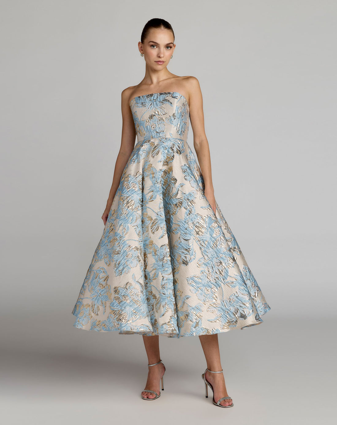 Blue Strapless Brocade A-line Midi Dress With Pockets