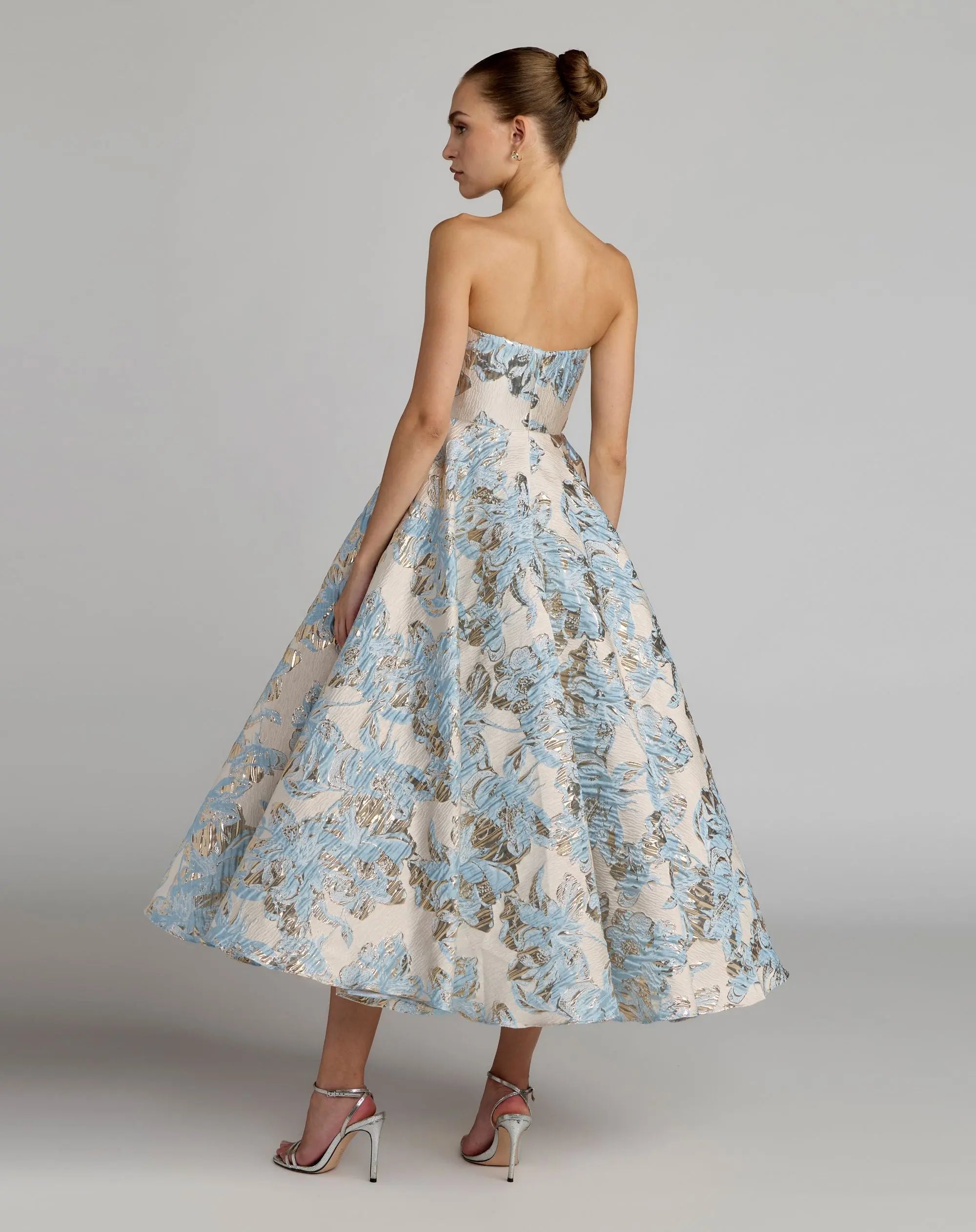 Blue Strapless Brocade A-Line Midi Dress With Pockets Mac Duggal