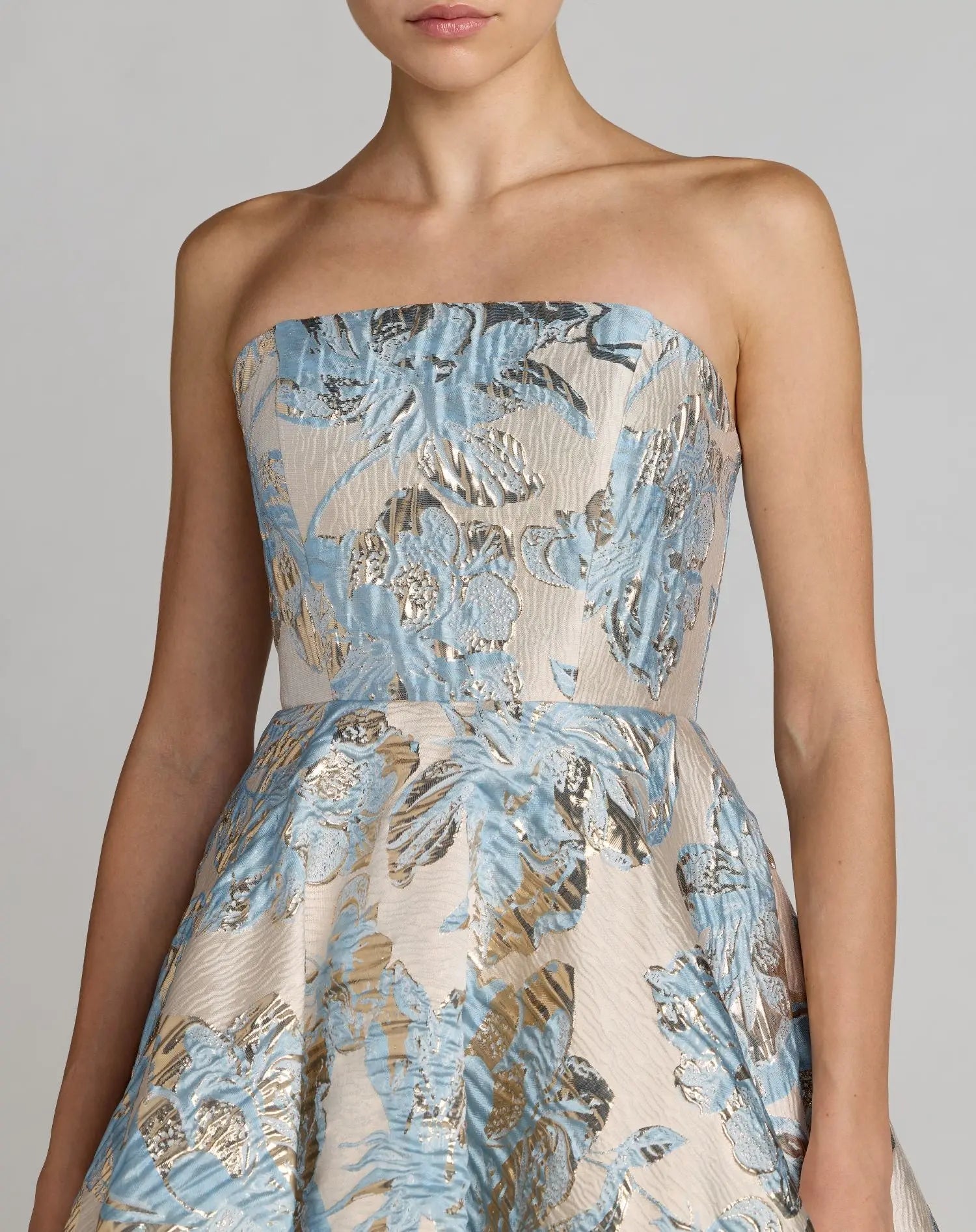 Blue And White Strapless Brocade Midi Dress With Pockets