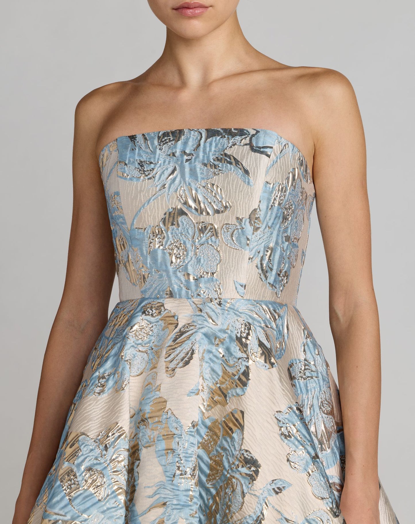 Blue Strapless Brocade A-line Midi Dress With Pockets