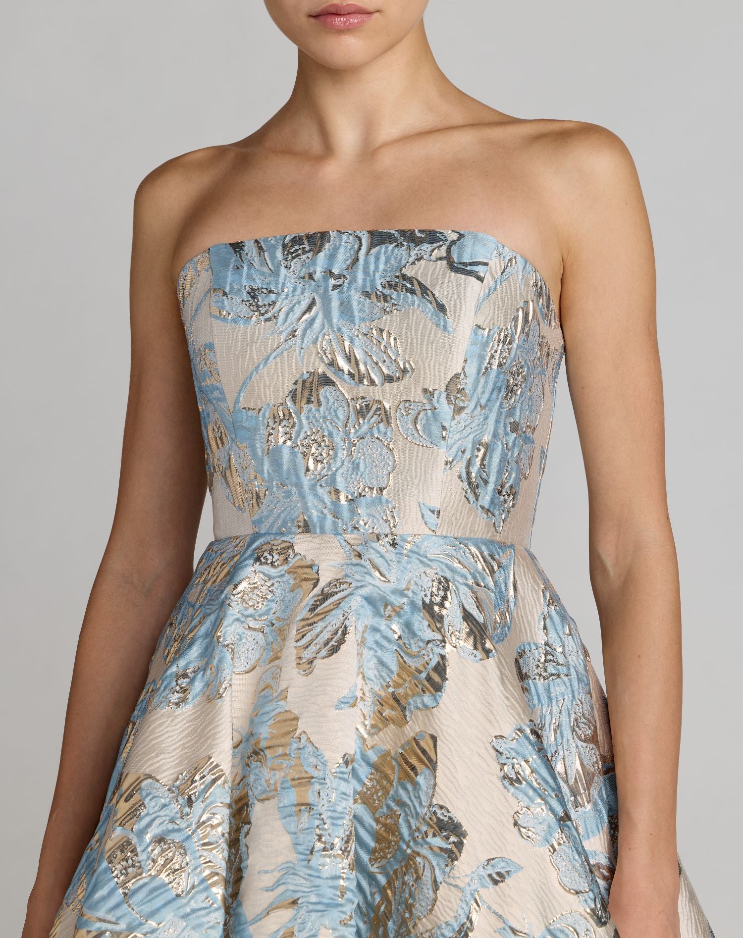 Blue Strapless Brocade A-Line Midi Dress With Pockets