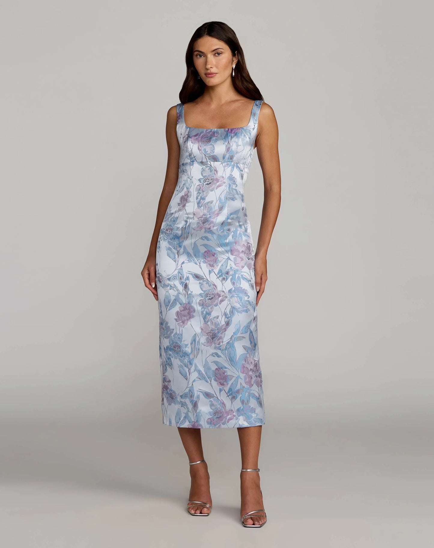 Blue Floral Square Neck Midi Dress Mac Duggal