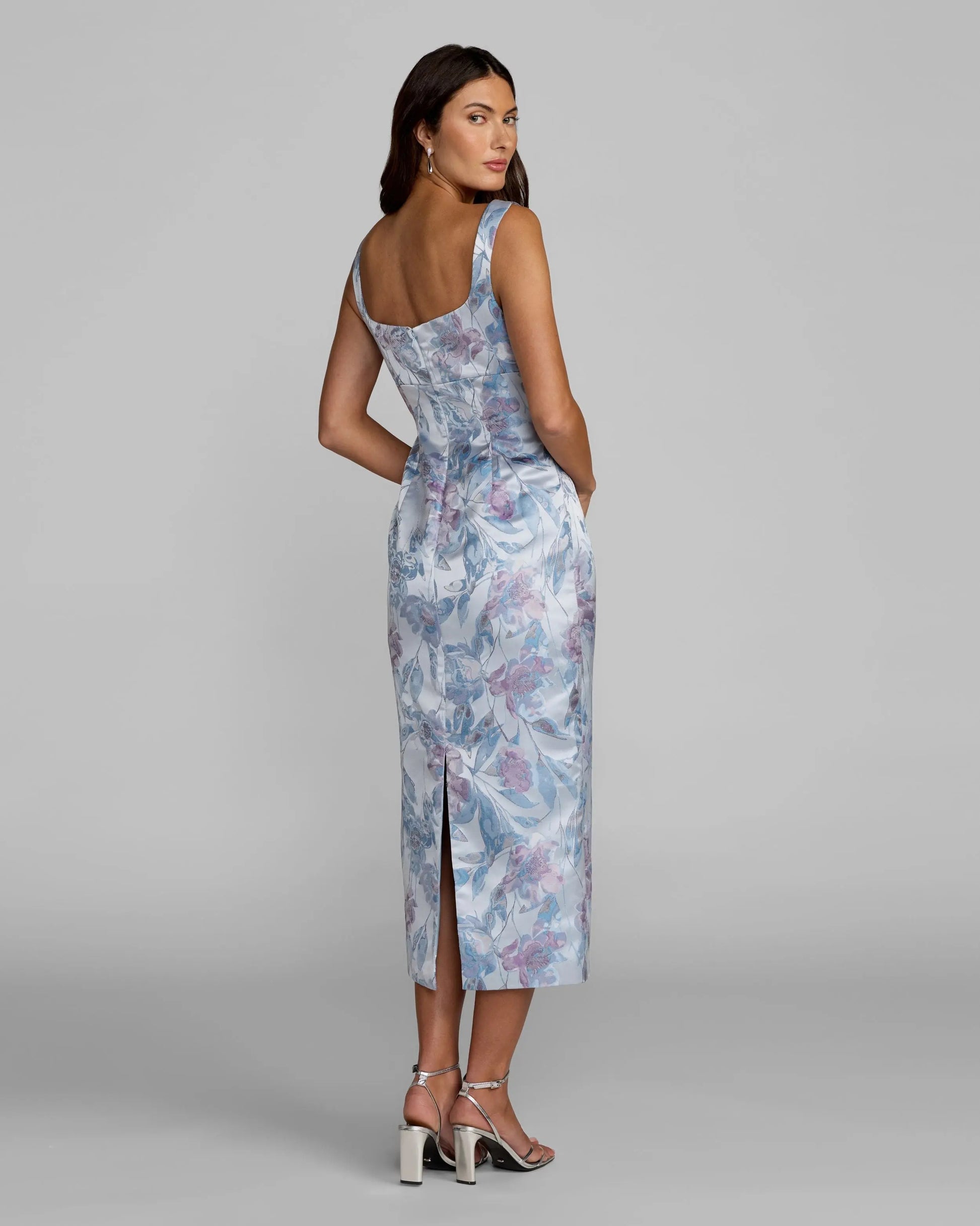 Blue Floral Square Neck Midi Dress Mac Duggal