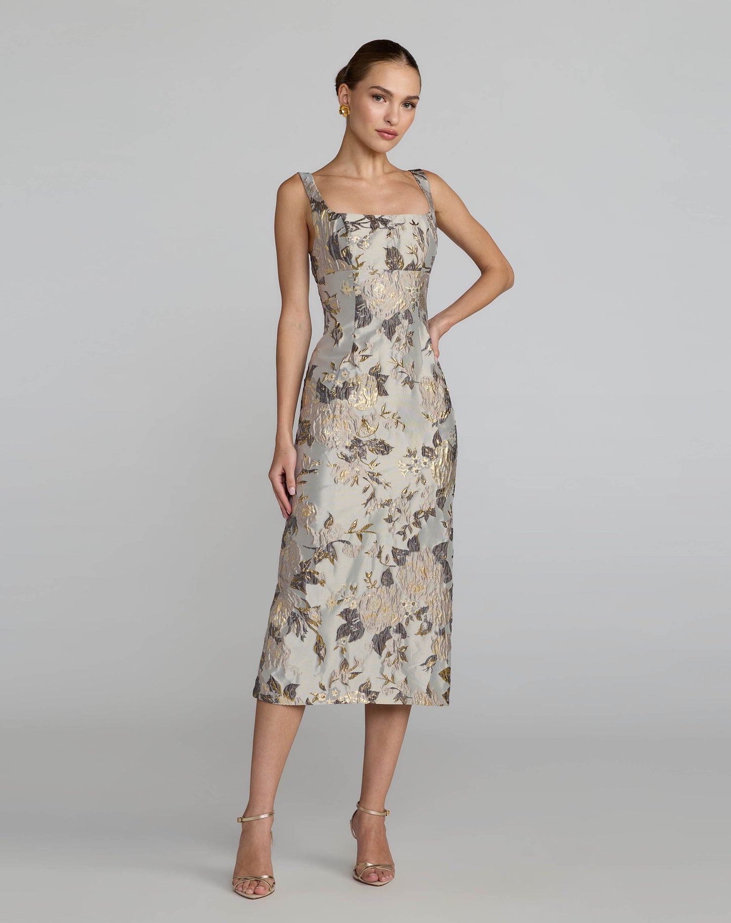 Silver Floral Square Neck Midi Dress - Mac Duggal