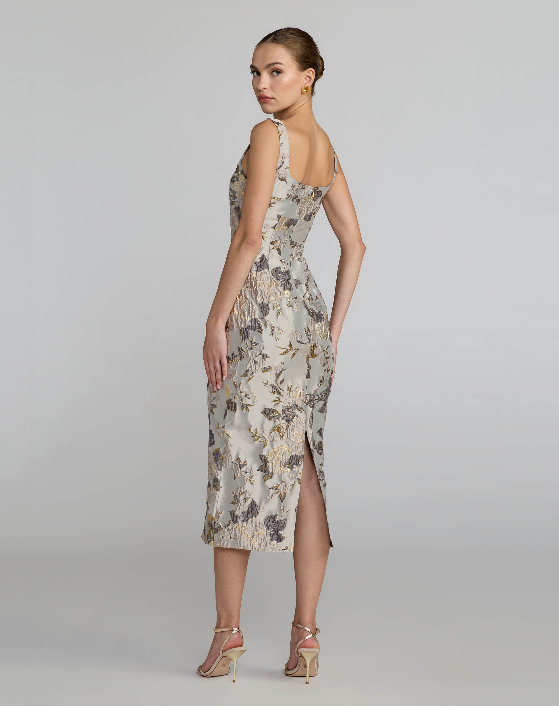 Silver Floral Square Neck Midi Dress