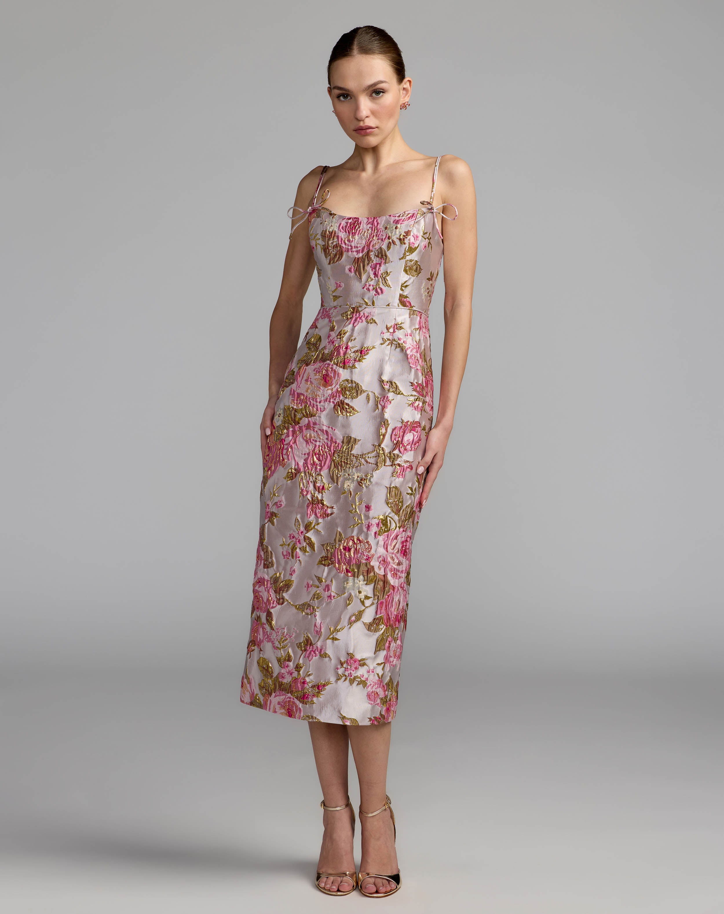 Light Pink Floral Brocade Bow Strap Midi Dress - Mac Duggal