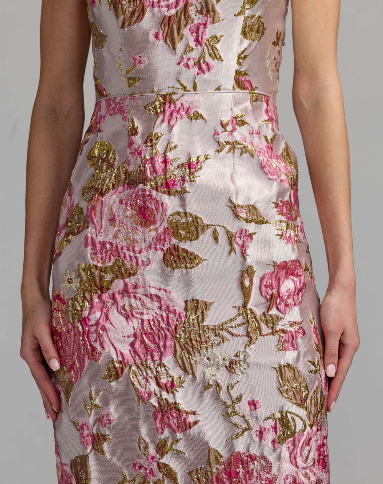 Light Pink Floral Brocade Bow Strap Midi Dress - Mac Duggal