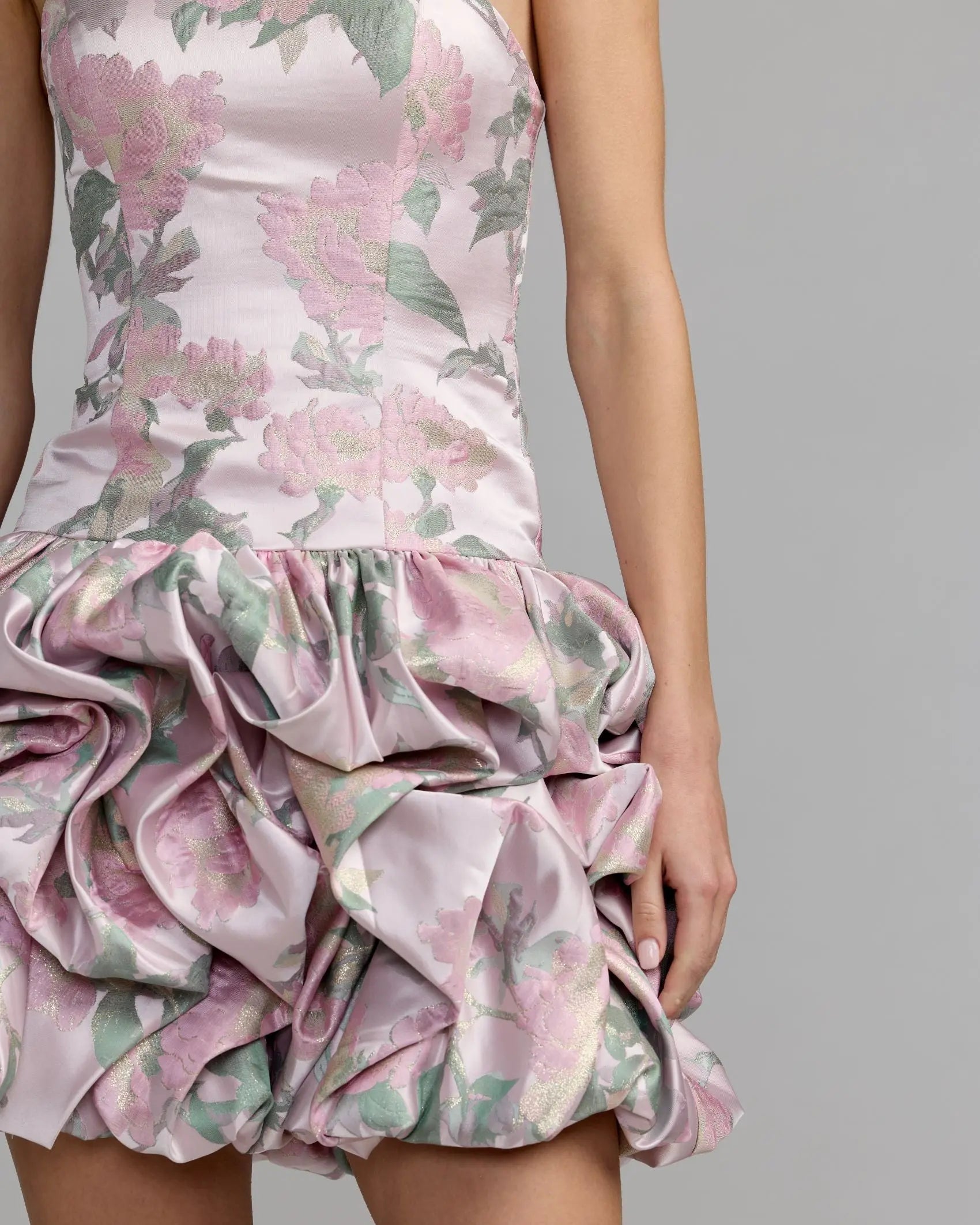 knee length dresses for ladies Pink Floral Strapless Bubble Hem Mini Dress