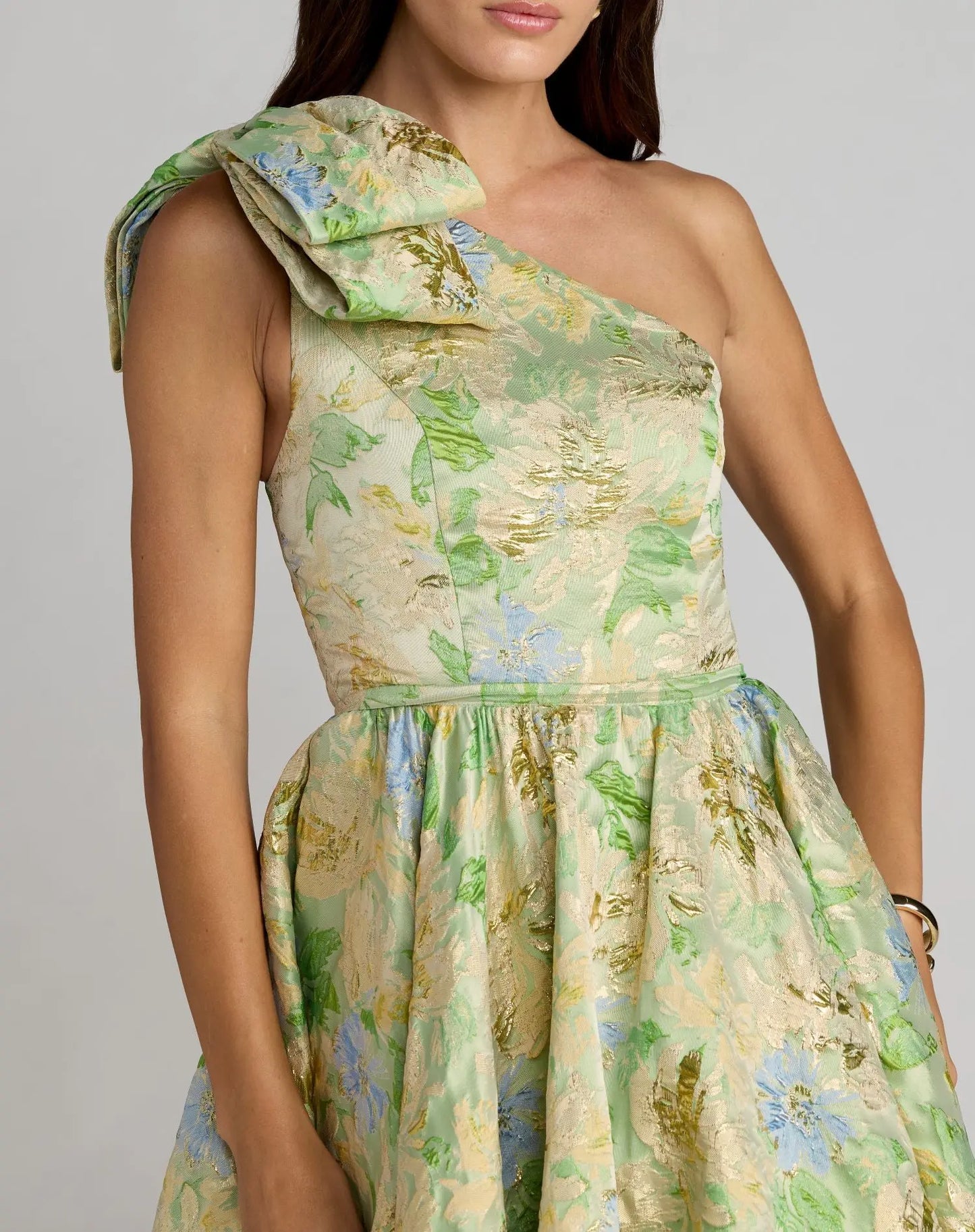 Green One Shoulder Brocade Midi Dress With Bow Detail - Mac Duggal