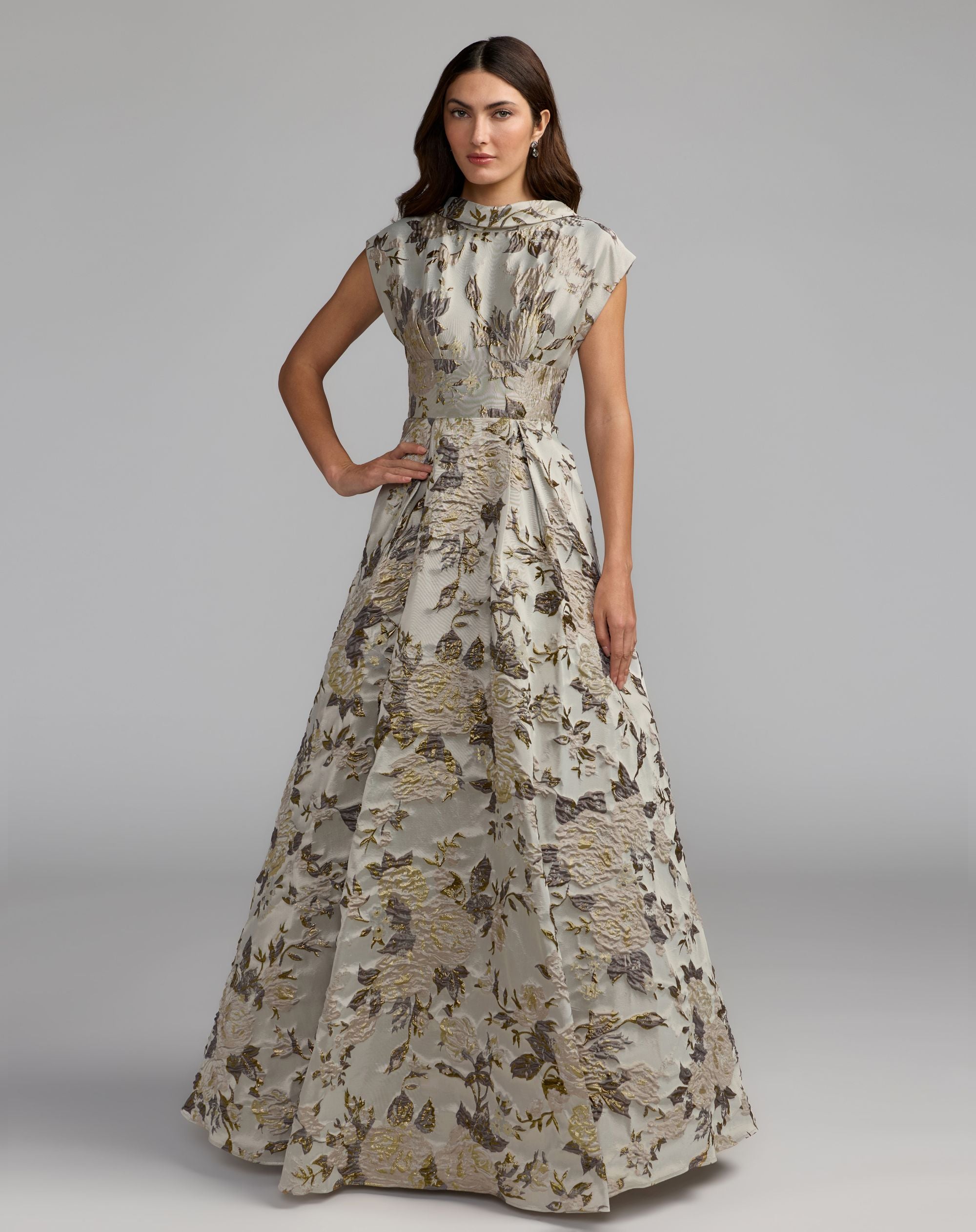 Silver Floral Brocade Cap Sleeve Ball Gown