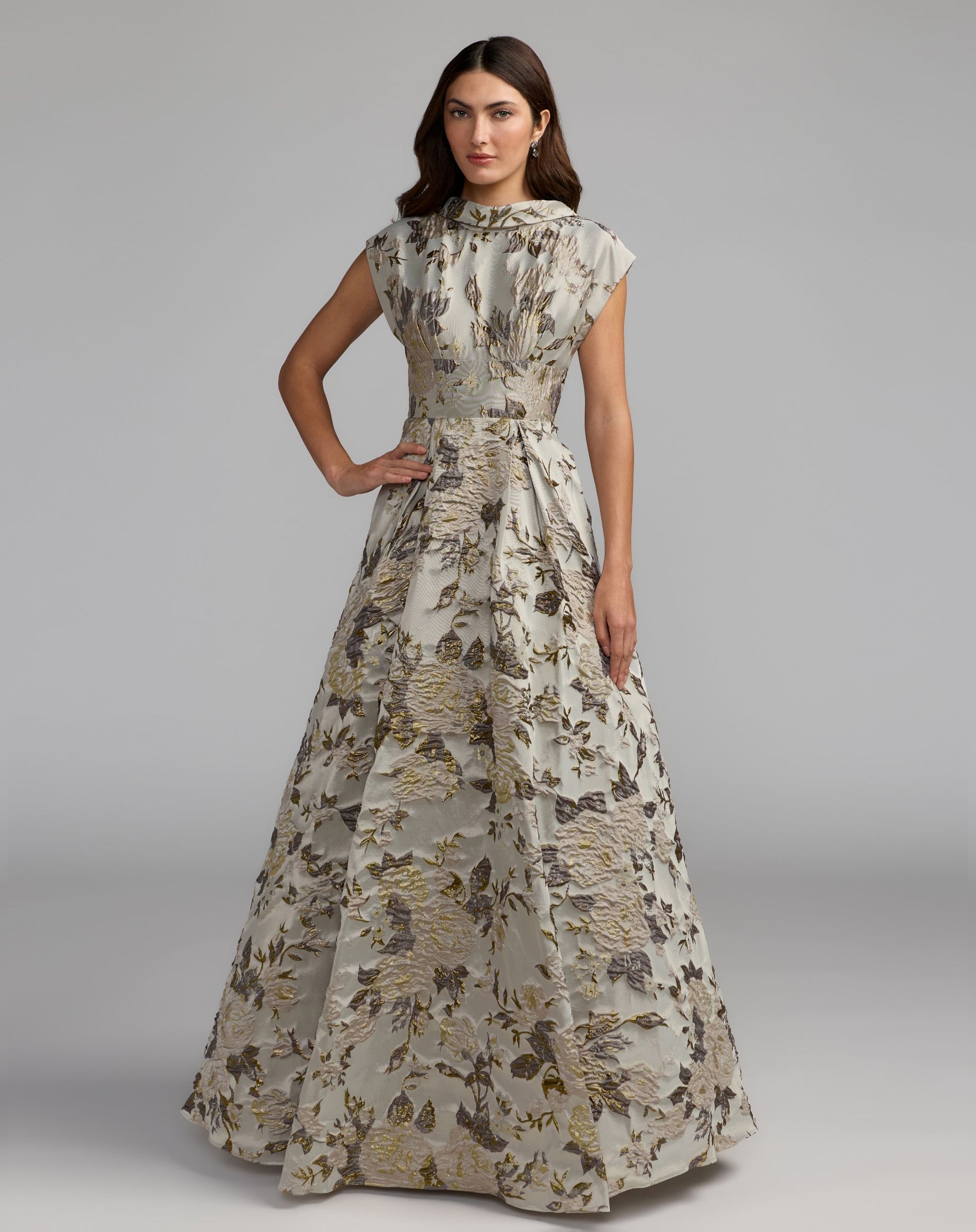 Silver Brocade Collared Cap Sleeve Pleated Ballgown - Mac Duggal