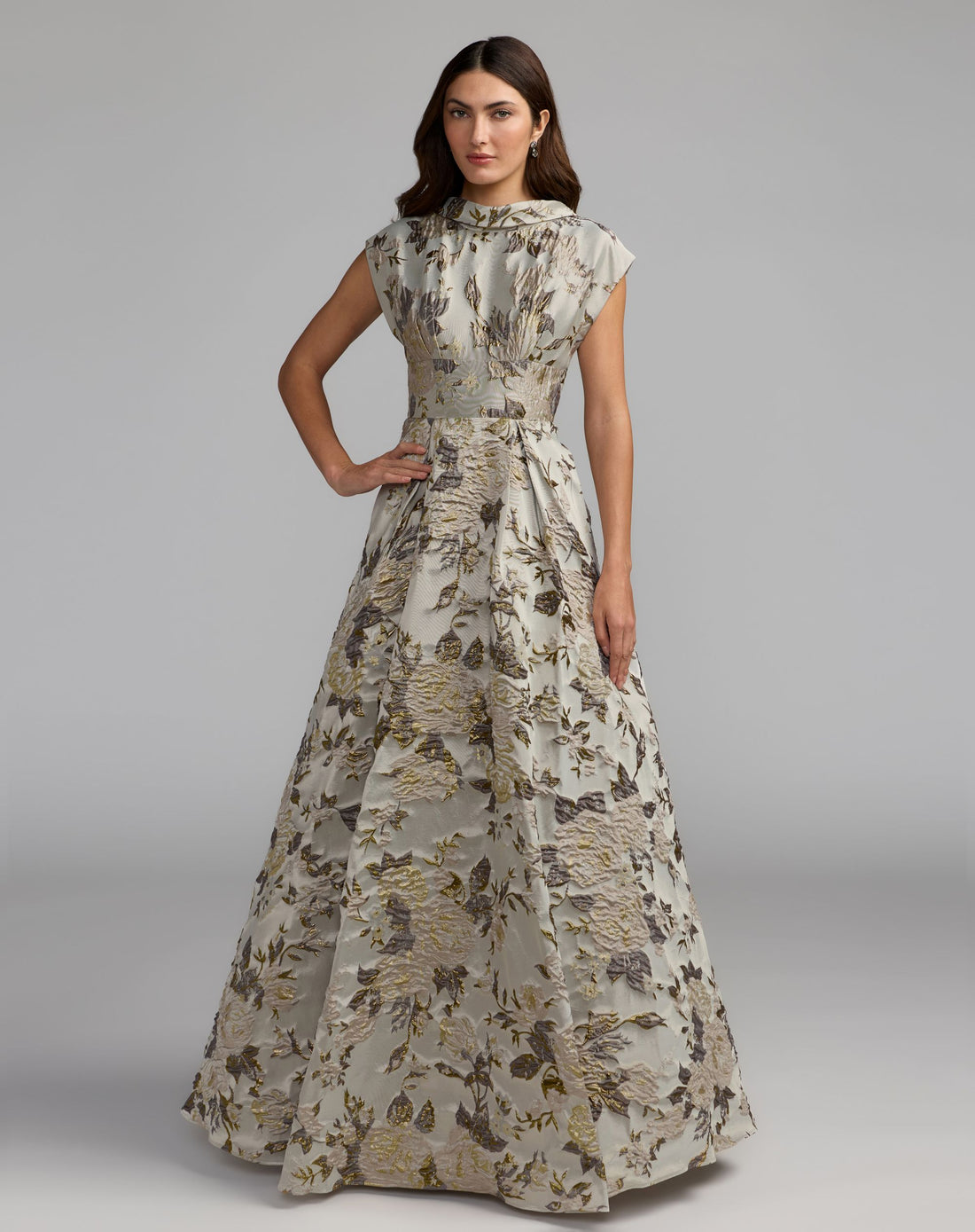 Silver Brocade Collared Cap Sleeve Pleated Ballgown - Mac Duggal