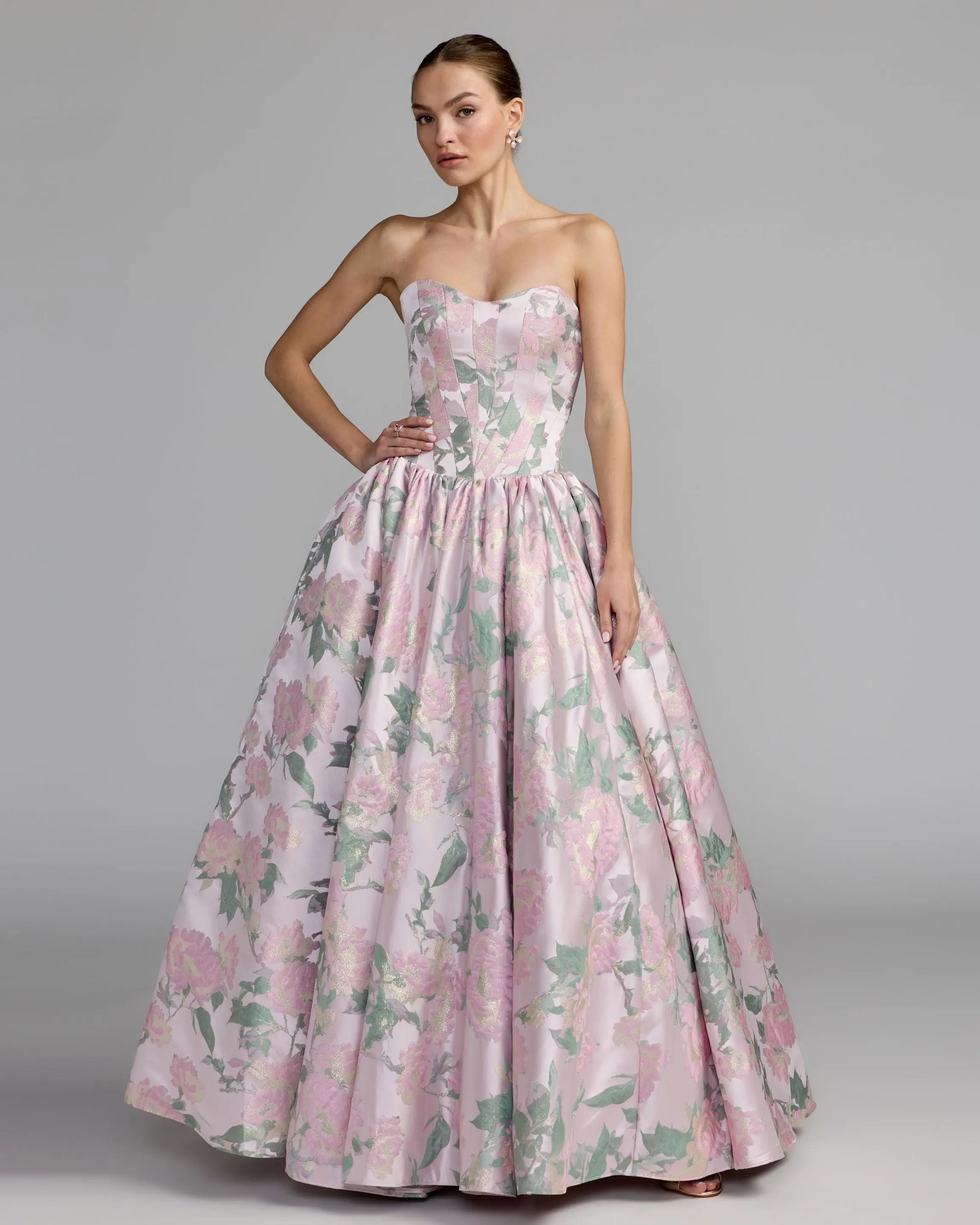 Pink Floral Strapless Ball Gown with Pockets Mac Duggal