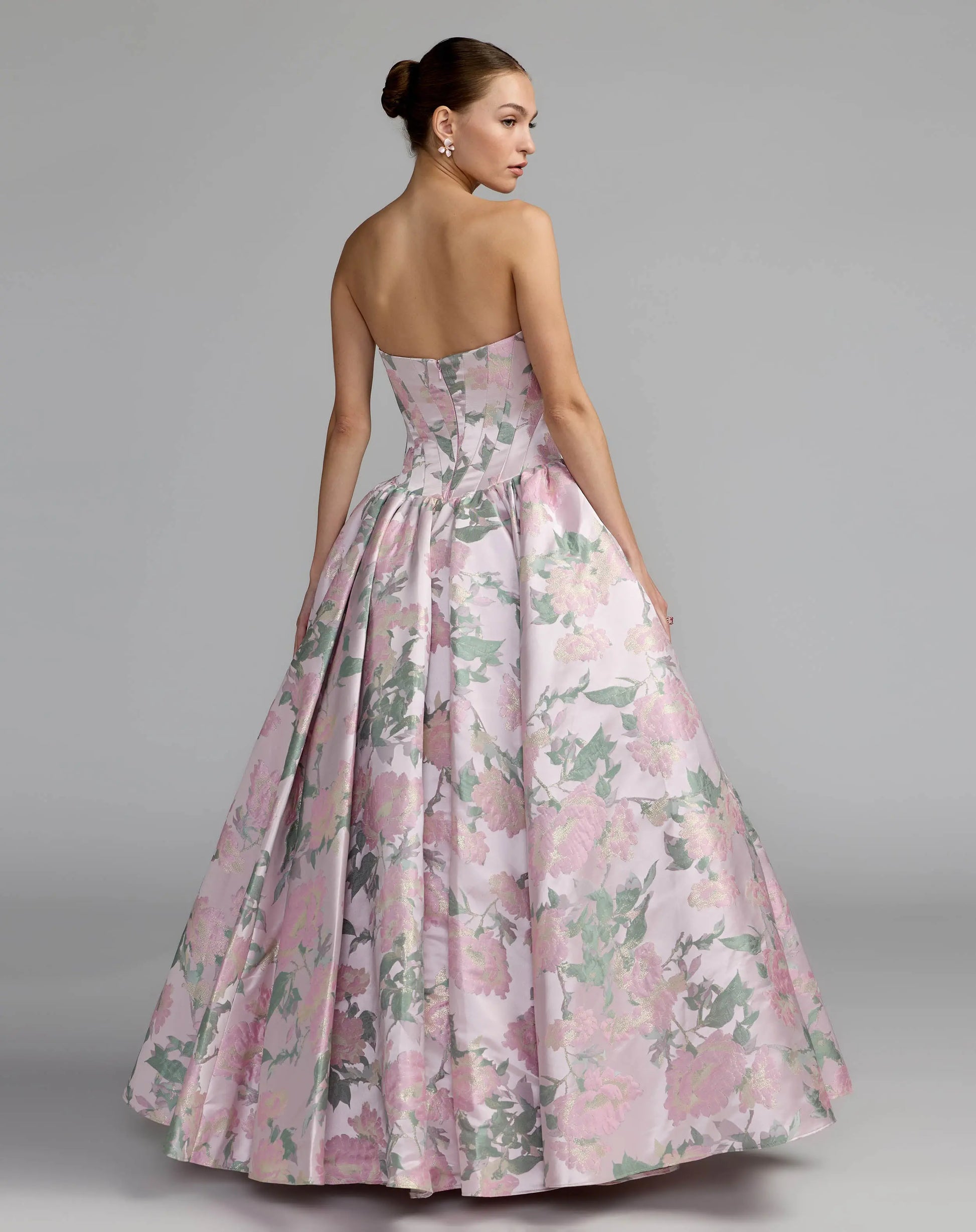 Pink Floral Strapless Ball Gown with Pockets Mac Duggal