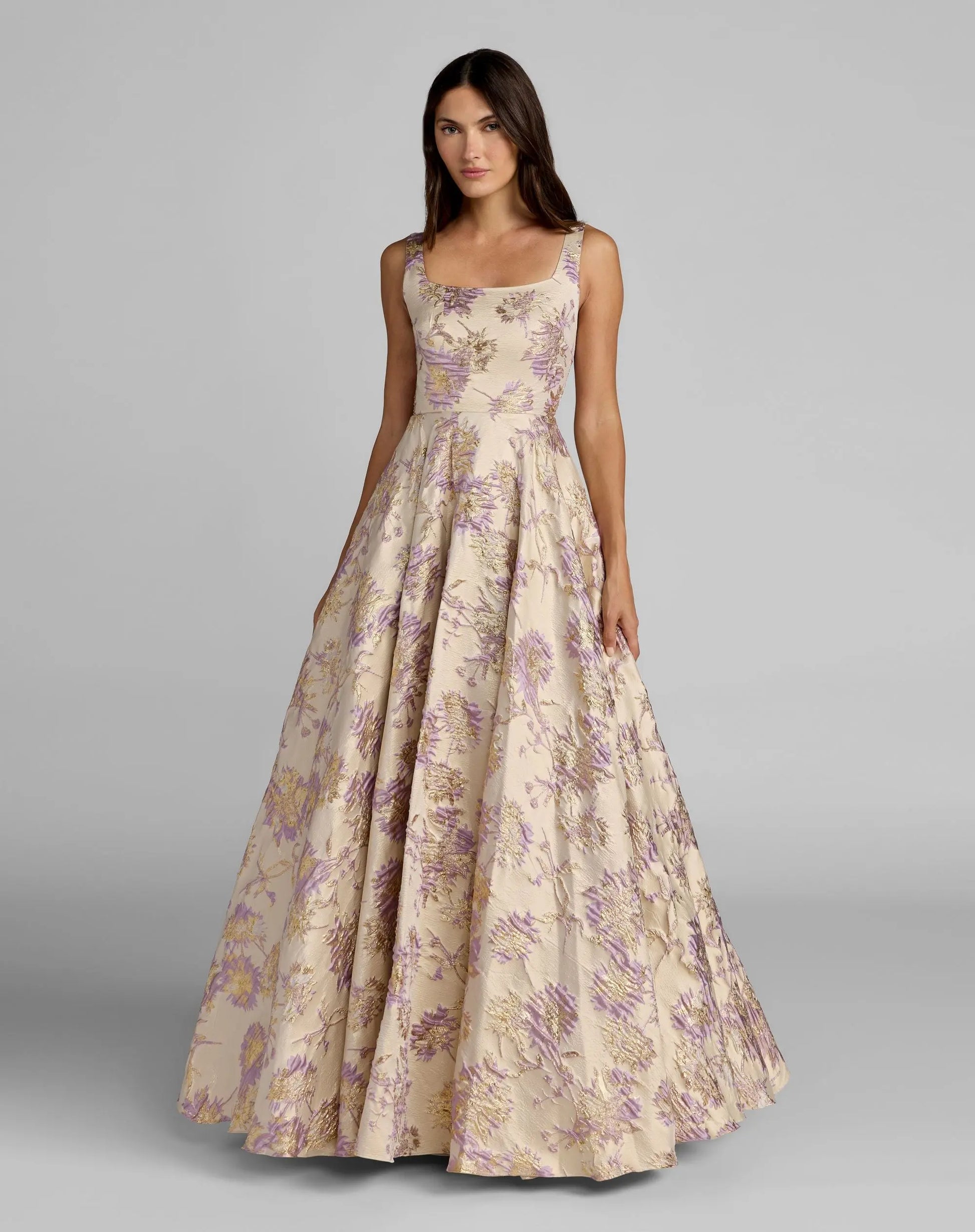 Beige Sleeveless Square Neck Brocade Ball Gown - Mac Duggal