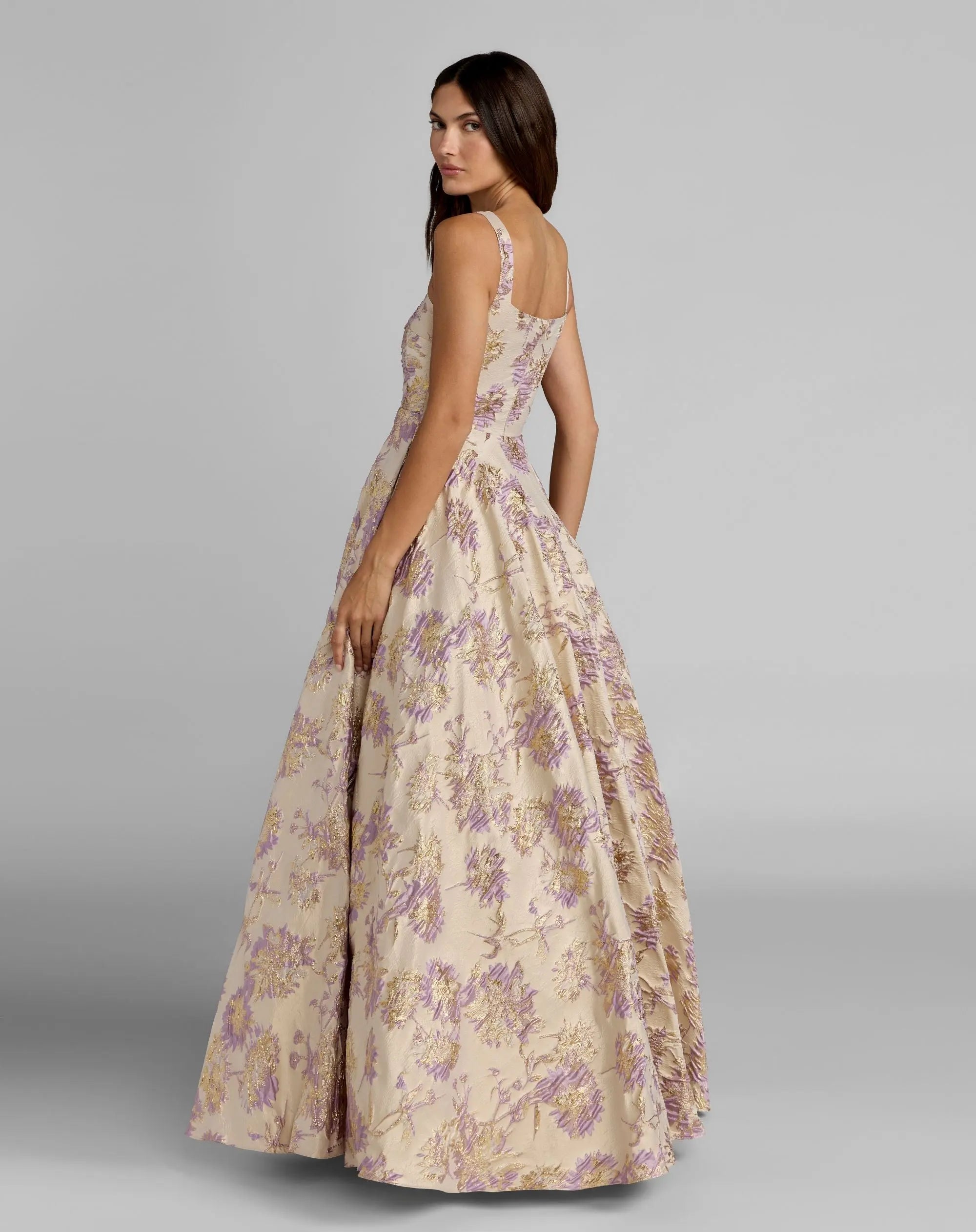 Beige Sleeveless Square Neck Brocade Ball Gown - Mac Duggal