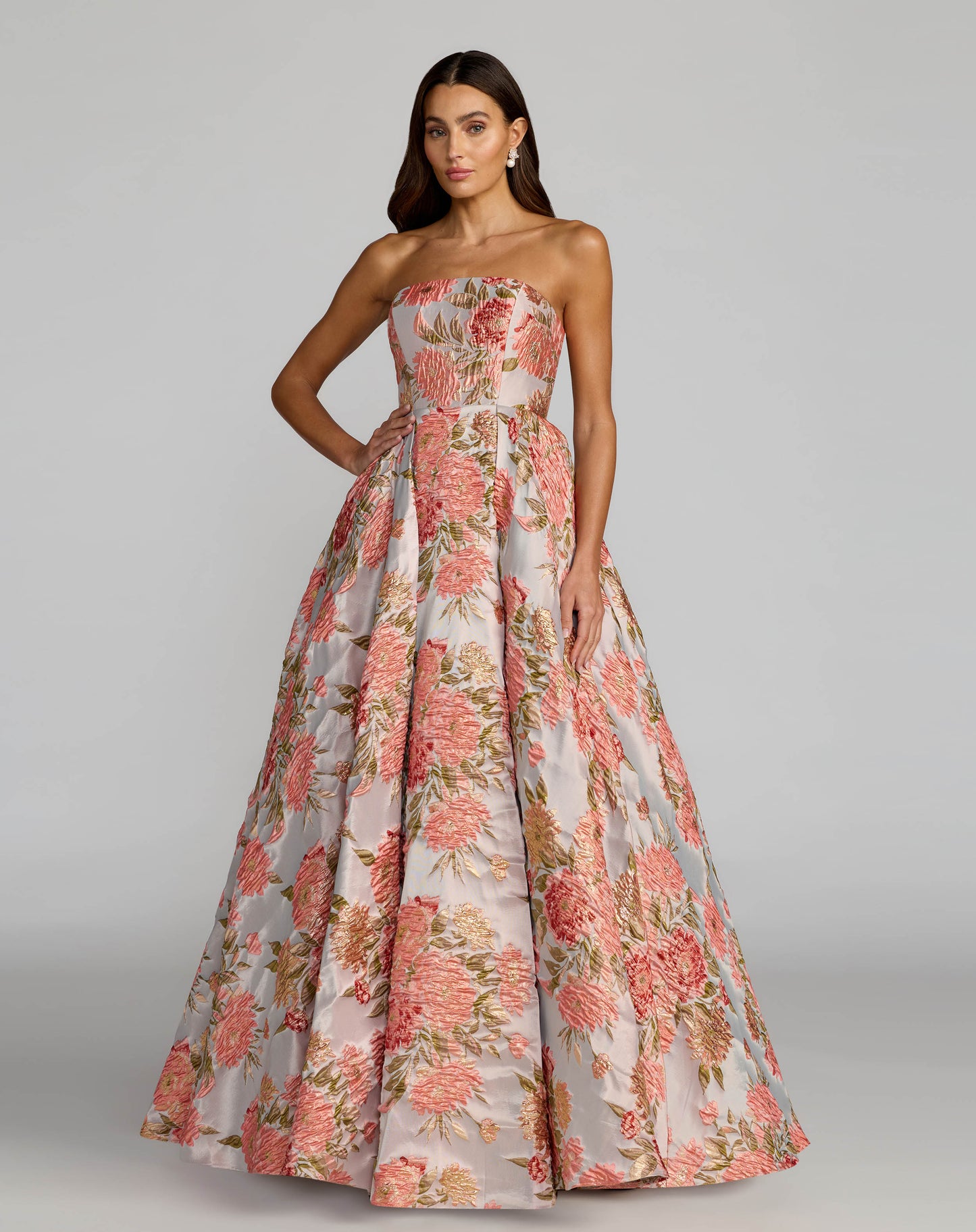Pink Strapless Floral Brocade Ball Gown With Pockets - Mac Duggal