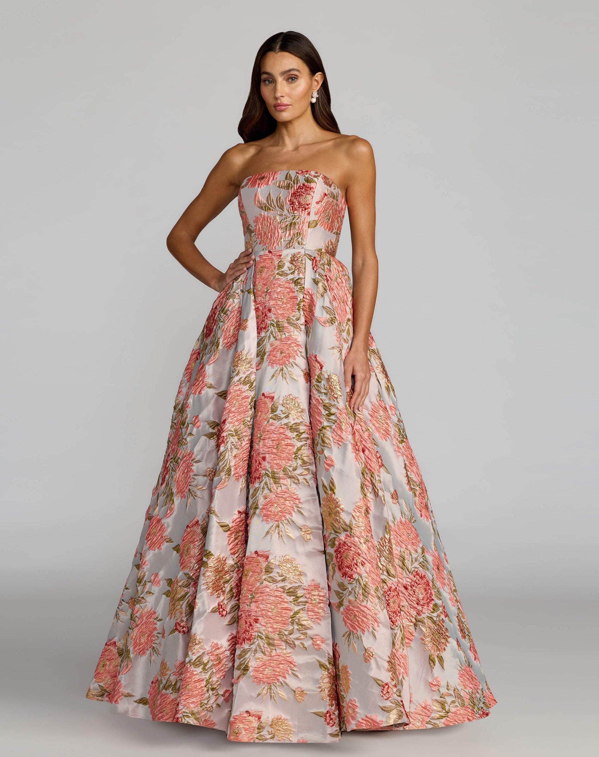 Pink Strapless Floral Brocade Ball Gown With Pockets - Mac Duggal