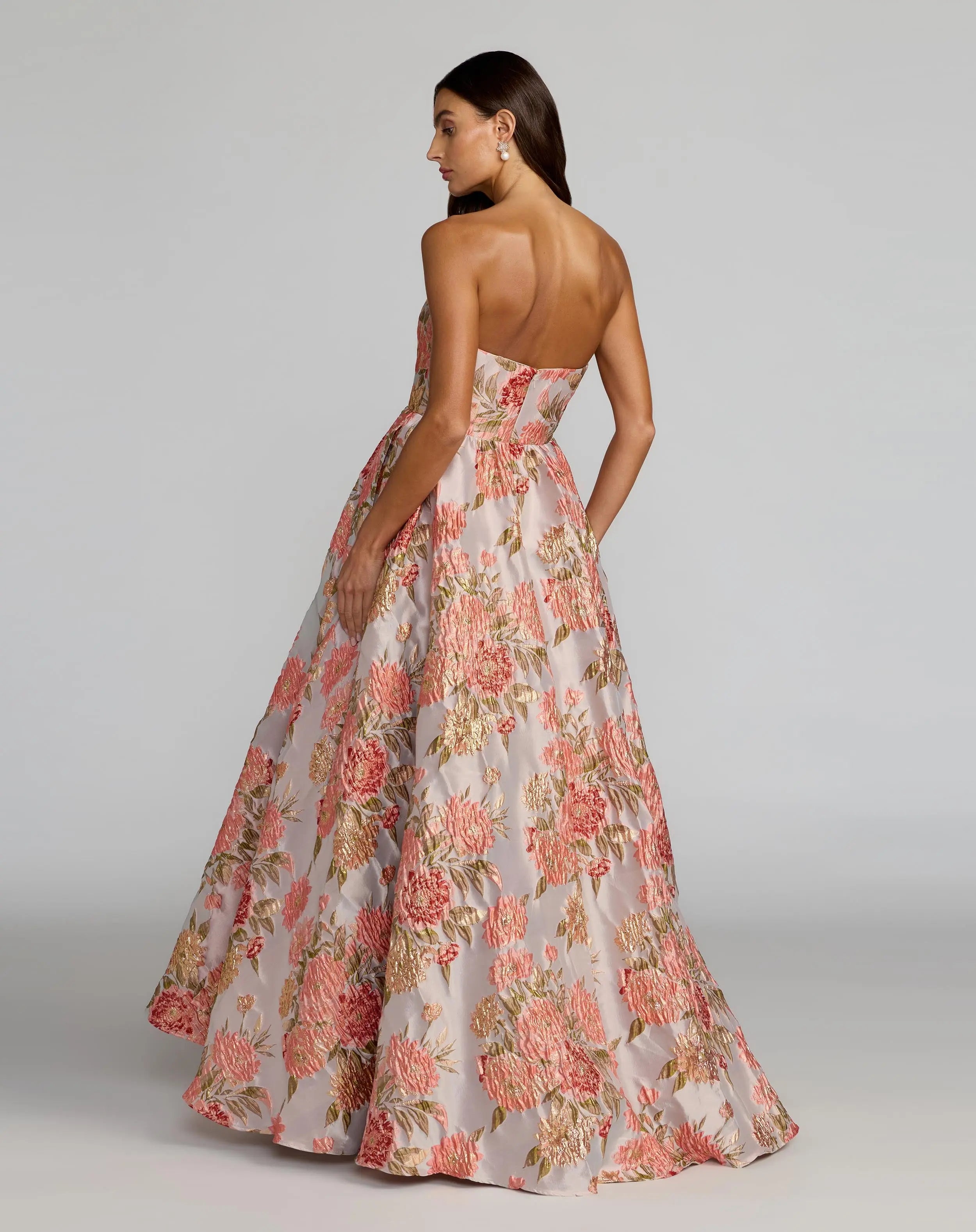 Pink Strapless Floral Brocade Ball Gown With Pockets - Mac Duggal