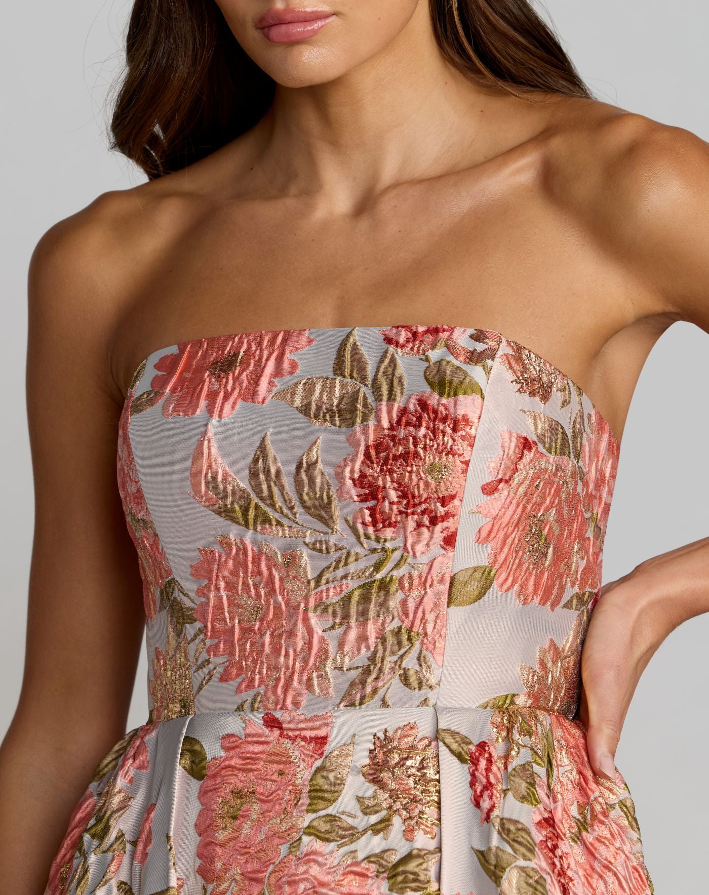 Pink Strapless Floral Brocade Ball Gown With Pockets - Mac Duggal