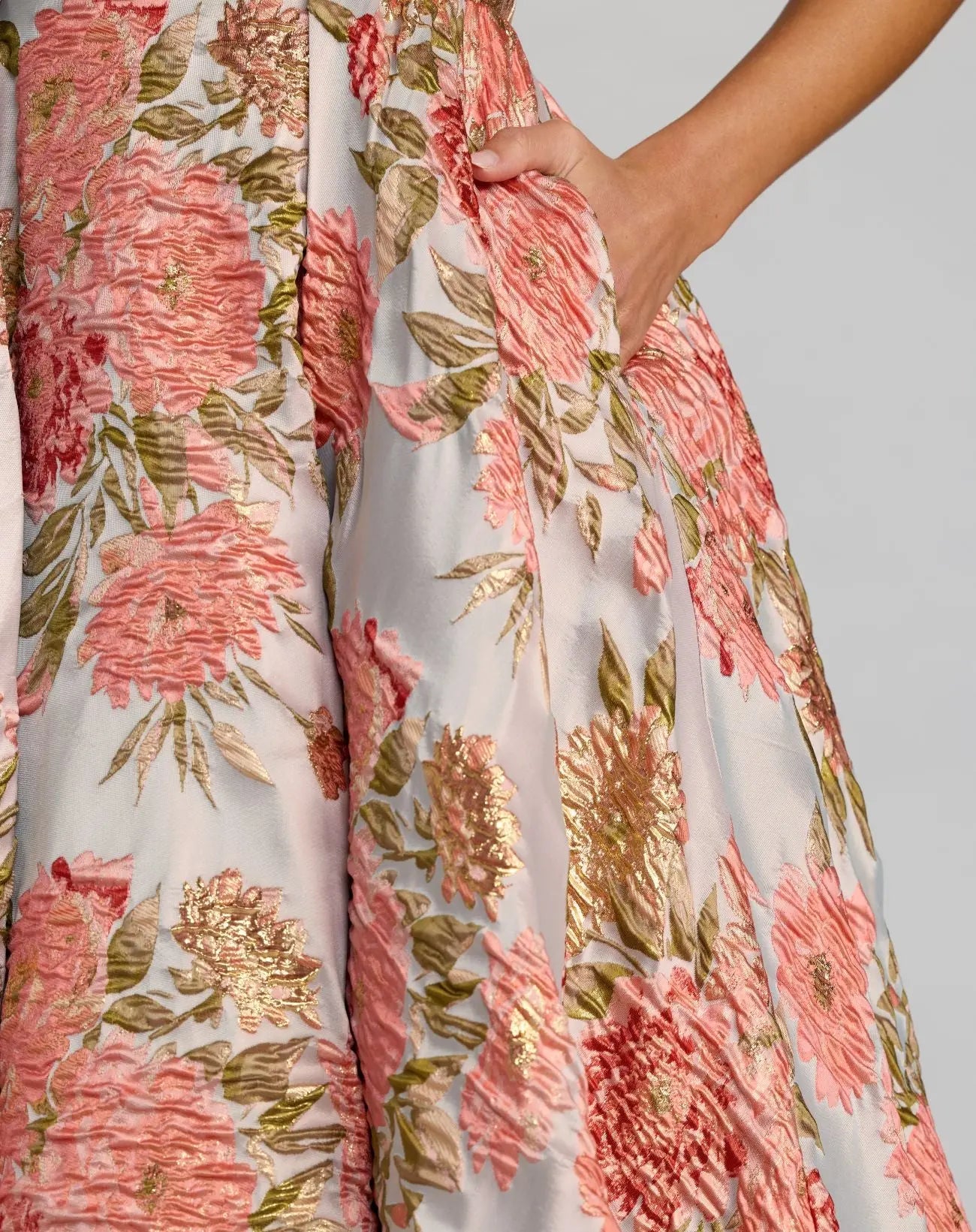 Pink Strapless Floral Brocade Ball Gown With Pockets - Mac Duggal