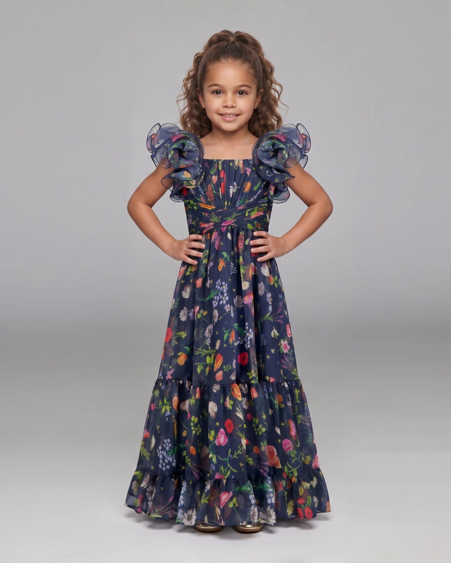 Girls Navy Floral Chiffon Ruffle Shoulder Dress Mac Duggal