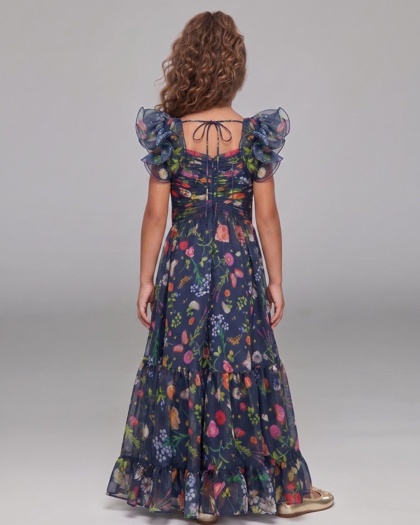 Girls Navy Floral Chiffon Ruffle Shoulder Dress Mac Duggal
