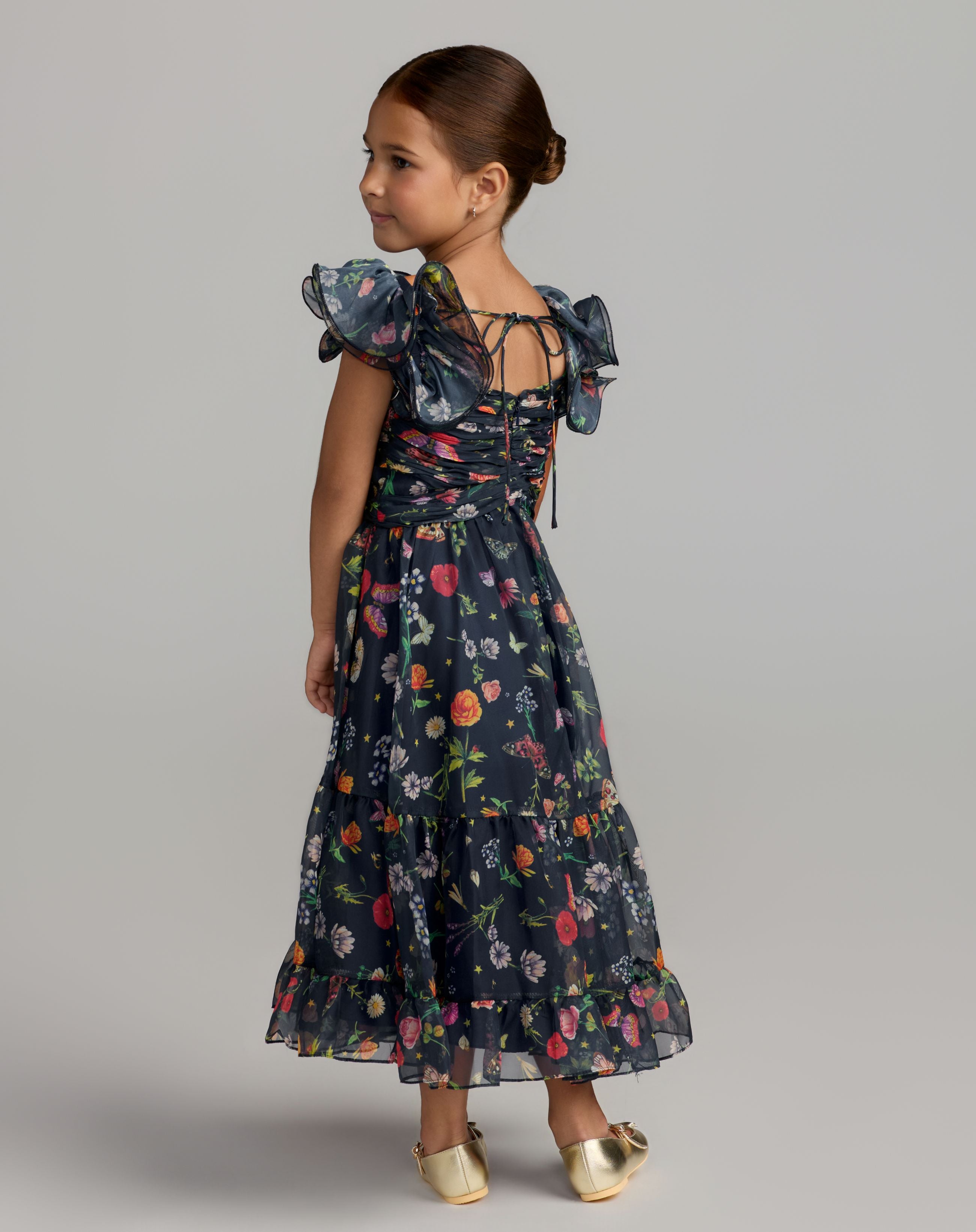 Girls Navy Floral Chiffon Ruffle Shoulder Dress - Mac Duggal
