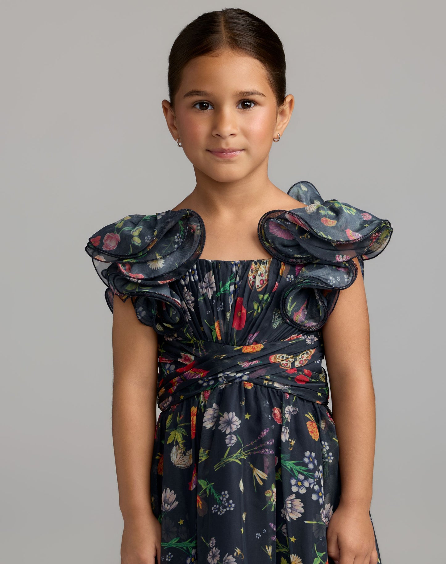 Girls Navy Floral Chiffon Ruffle Shoulder Dress - Mac Duggal