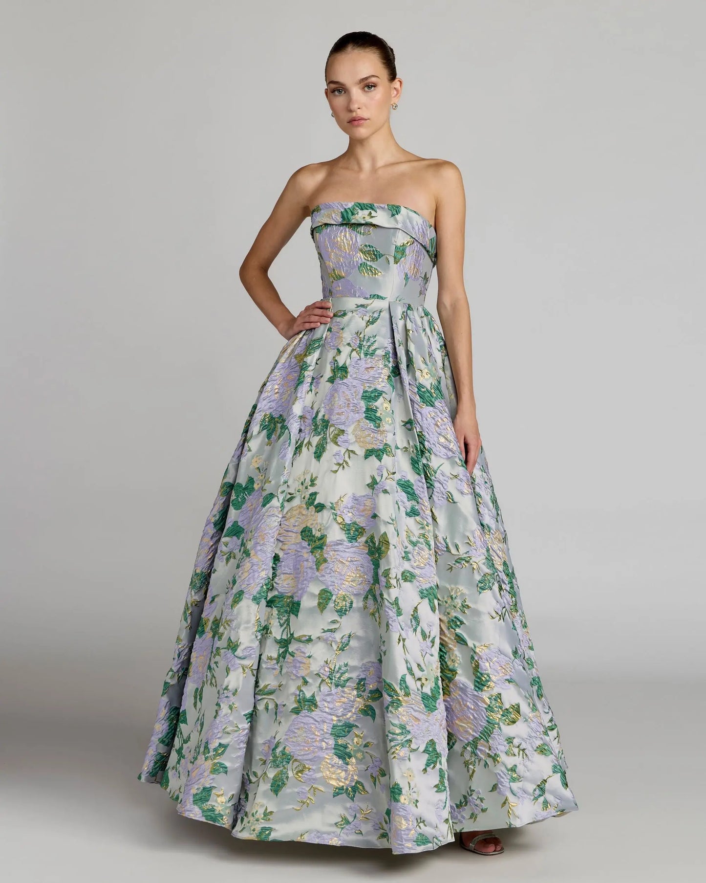 Blue Multicolor Floral Strapless Brocade Ball Gown Mac Duggal
