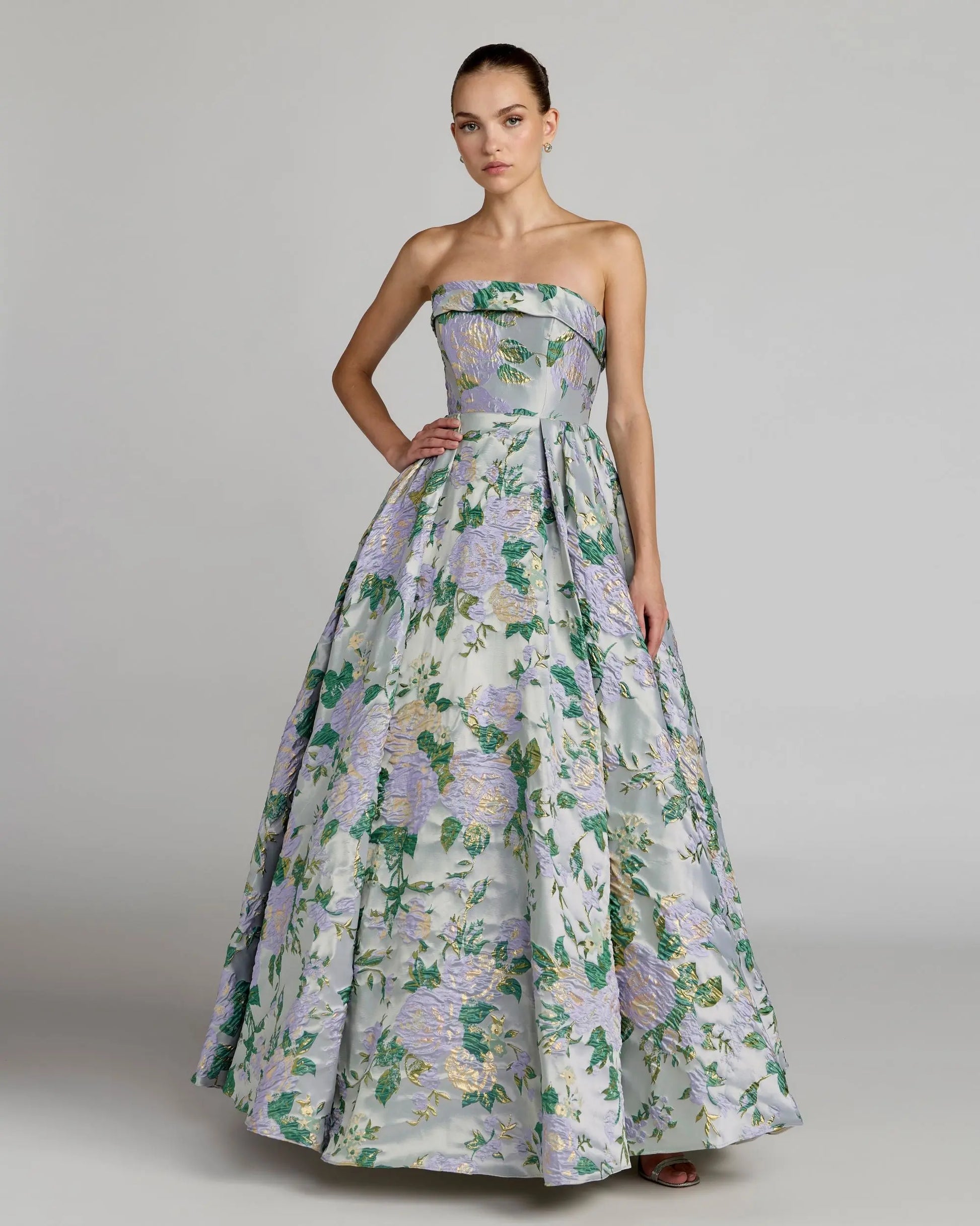 Blue Multicolor Floral Strapless Brocade Ball Gown Mac Duggal