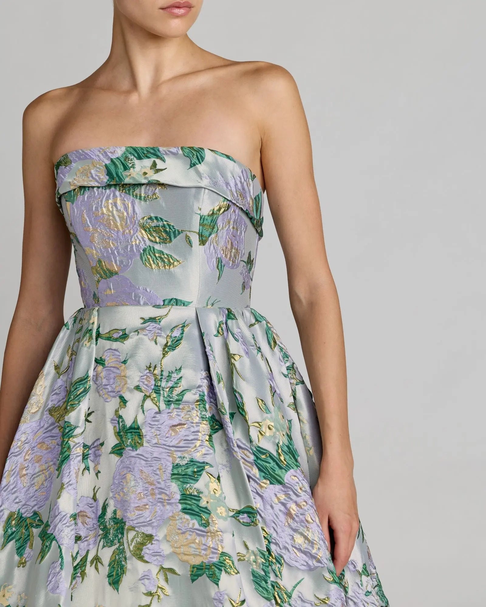 Blue Multicolor Floral Strapless Brocade Ball Gown Mac Duggal